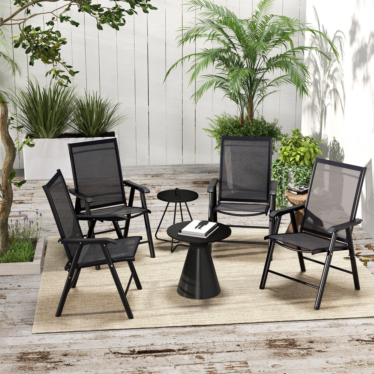 4-Piece Folding Dining Chair Set for Relaxing on Patio, Balcony, or Garden, Comfortable Outdoor Furniture with Armrests, Black