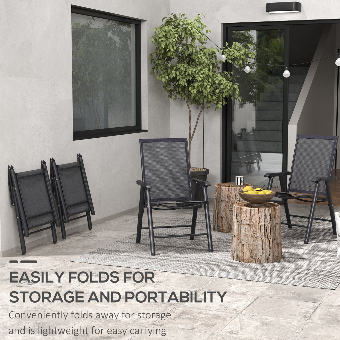 4-Piece Folding Dining Chair Set for Relaxing on Patio, Balcony, or Garden, Comfortable Outdoor Furniture with Armrests, Black