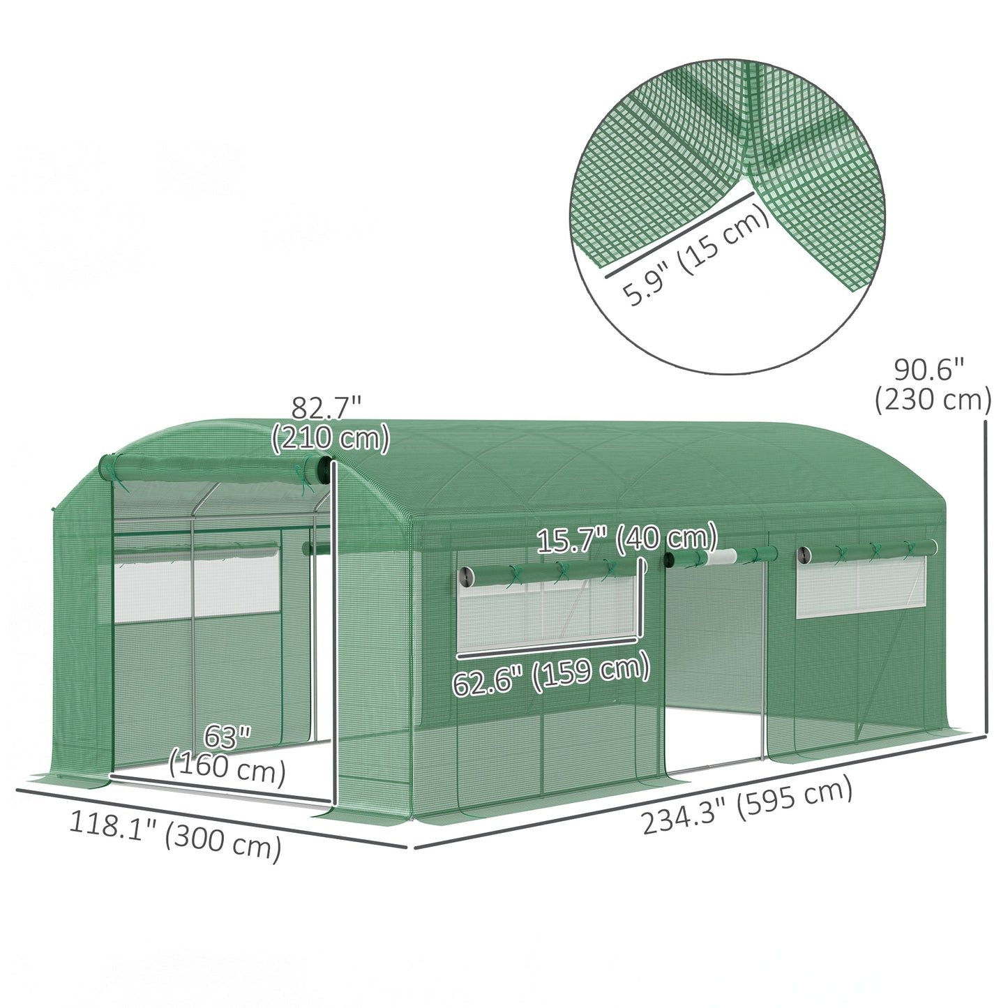 19.5' x 10' x 7.5' Walk-in Tunnel Greenhouse with 3 Roll-Up Doors and Large Mesh Windows, Outdoor Green House, Plant Hot House Tent with Galvanized Steel Frame, Green