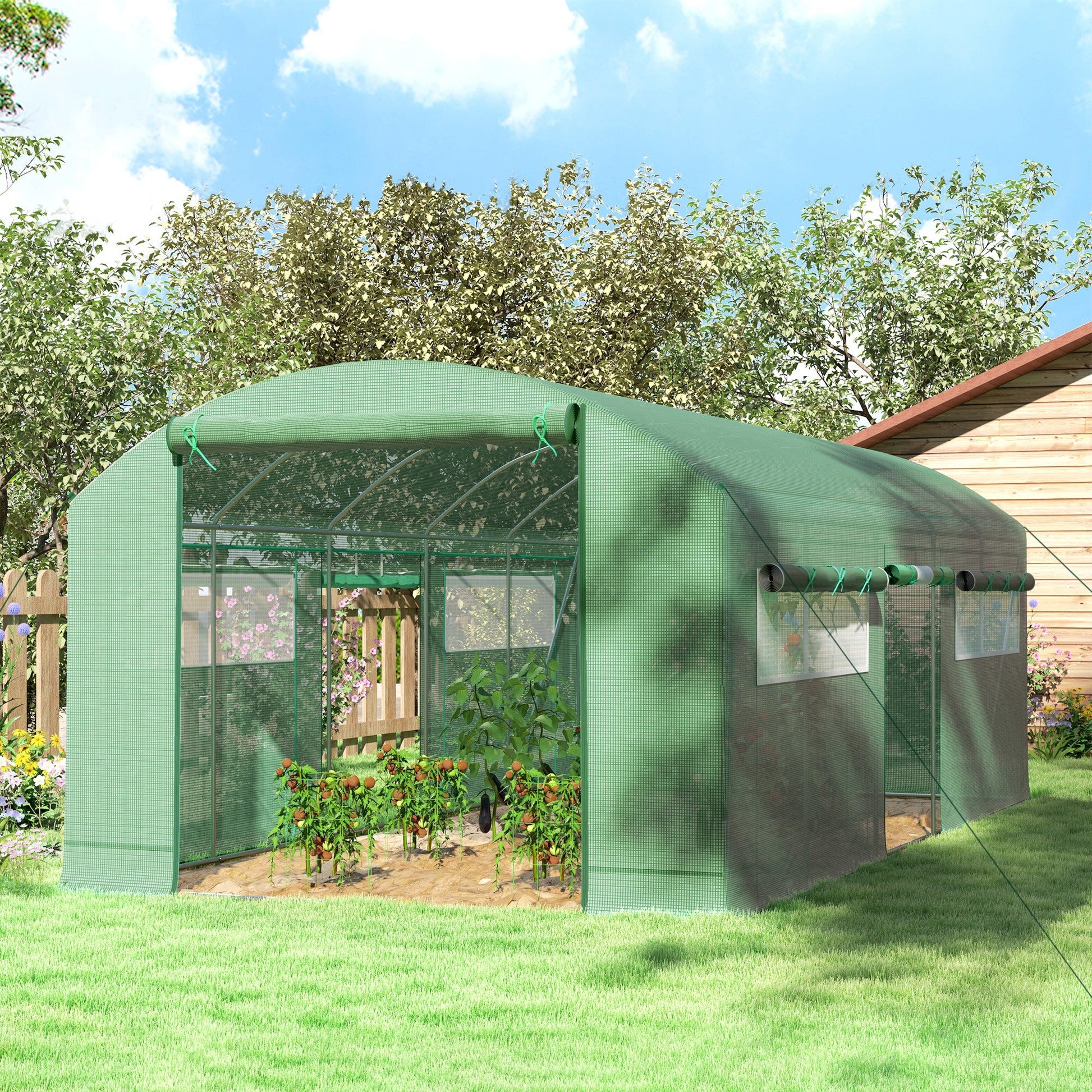 19.5' x 10' x 7.5' Walk-in Tunnel Greenhouse with 3 Roll-Up Doors and Large Mesh Windows, Outdoor Green House, Plant Hot House Tent with Galvanized Steel Frame, Green