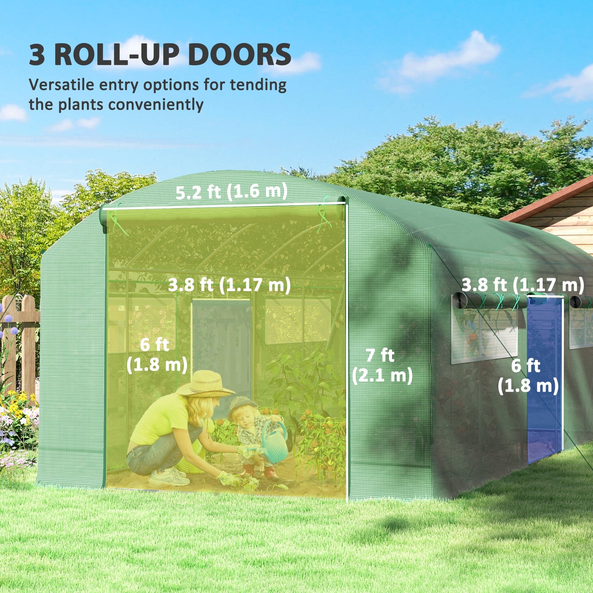 19.5' x 10' x 7.5' Walk-in Tunnel Greenhouse with 3 Roll-Up Doors and Large Mesh Windows, Outdoor Green House, Plant Hot House Tent with Galvanized Steel Frame, Green
