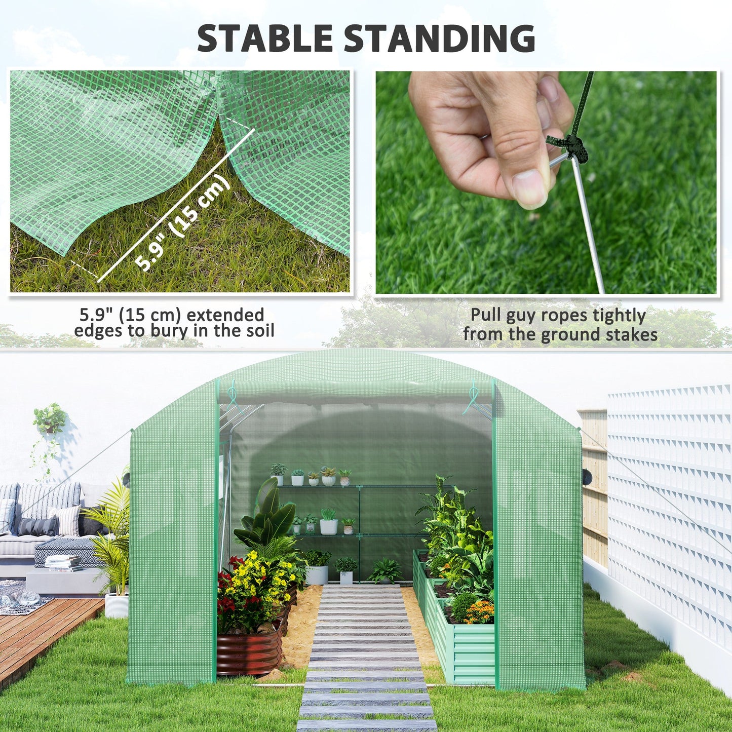 19.5' x 10' x 7.5' Walk-in Tunnel Greenhouse with 3 Roll-Up Doors and Large Mesh Windows, Outdoor Green House, Plant Hot House Tent with Galvanized Steel Frame, Green