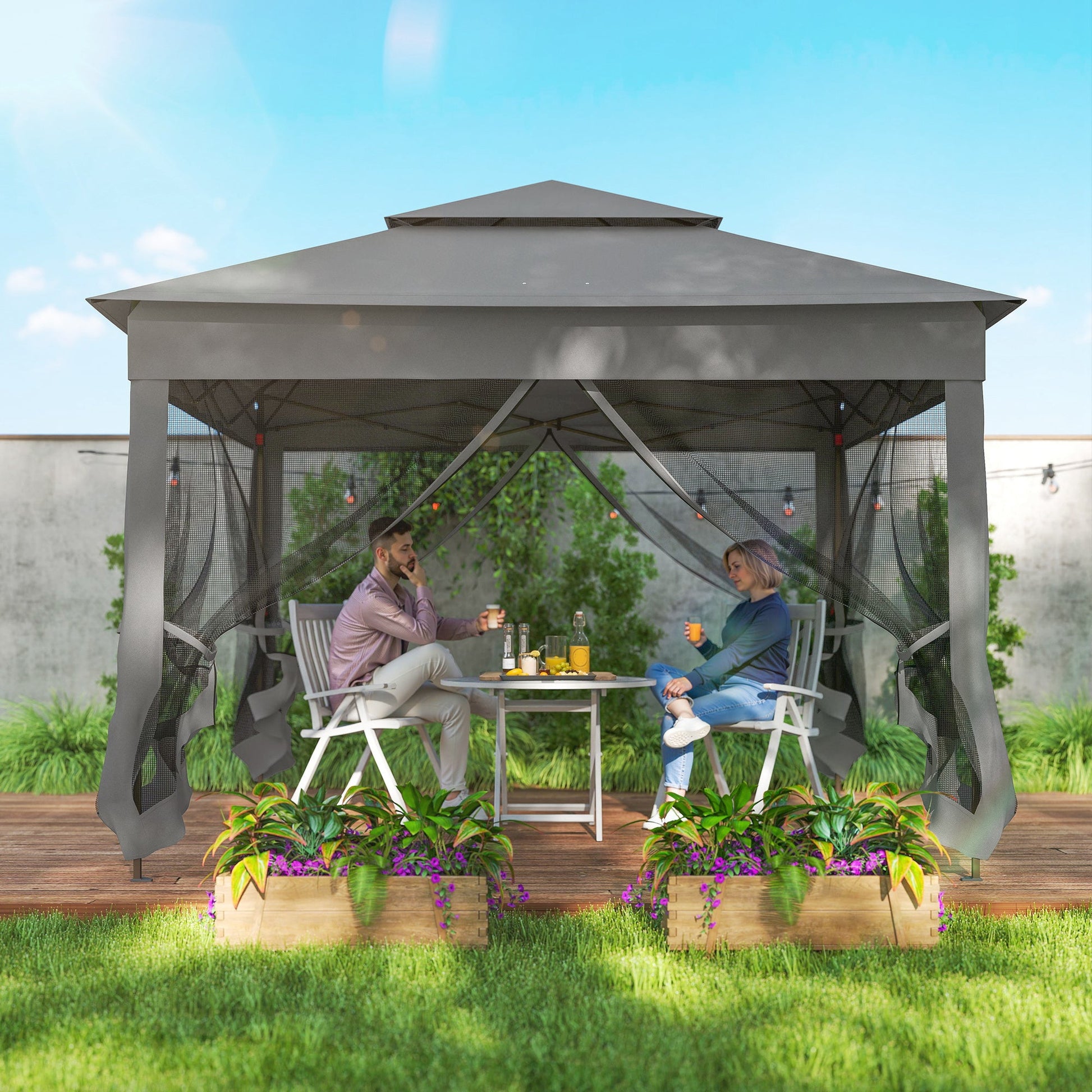 11' x 11' Pop Up Canopy, Outdoor Canopy Shelter Event Tent with 2-Tier Soft Top, Removable Zipper Netting and Storage Bag, for Patio, Backyard, Garden, Camping, Dark Grey
