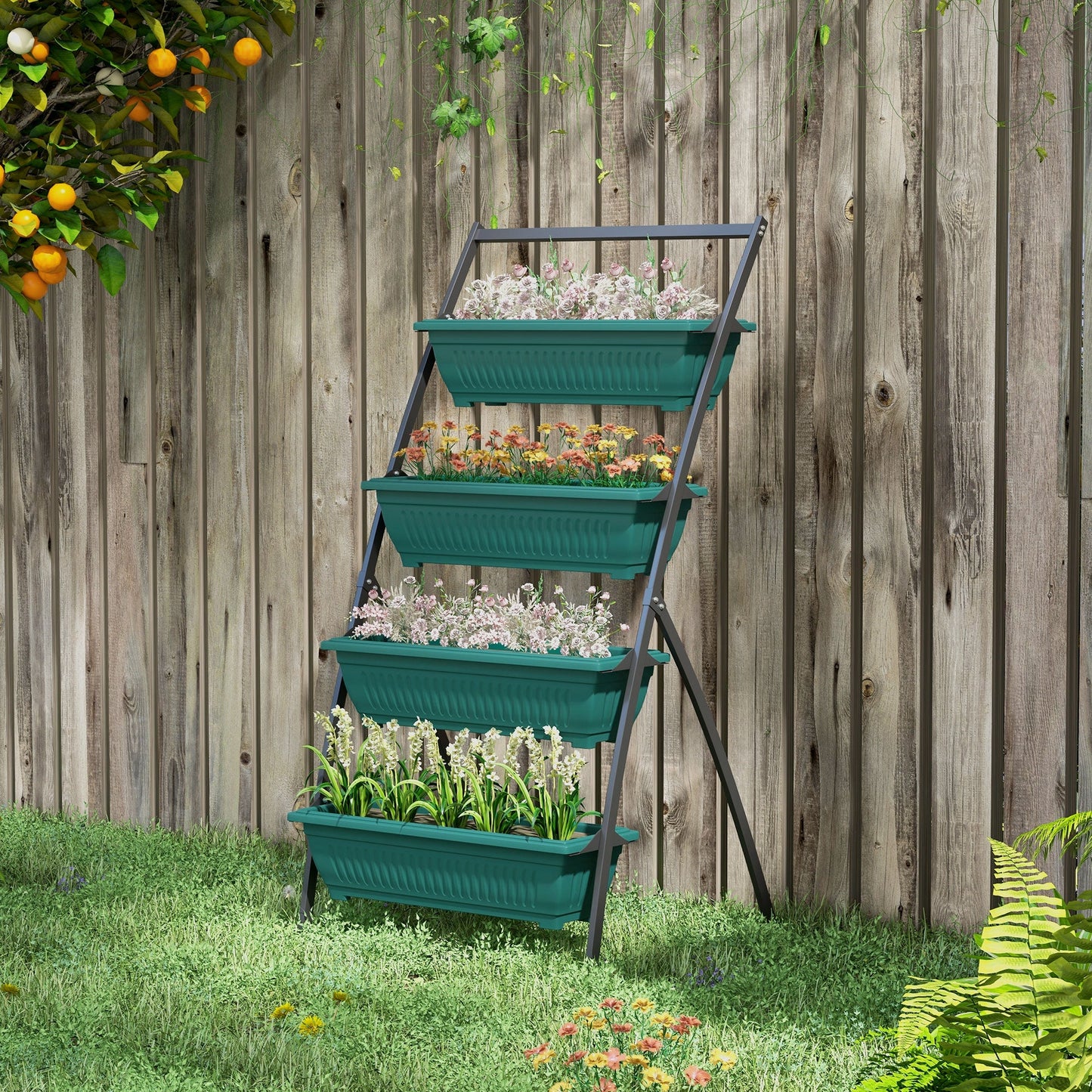 4-Tier Vertical Raised Garden Bed with 4 Planter Boxes, Outdoor Plant Stand Grow Container with Leaking Holes for Balcony Patio Outdoor, Green