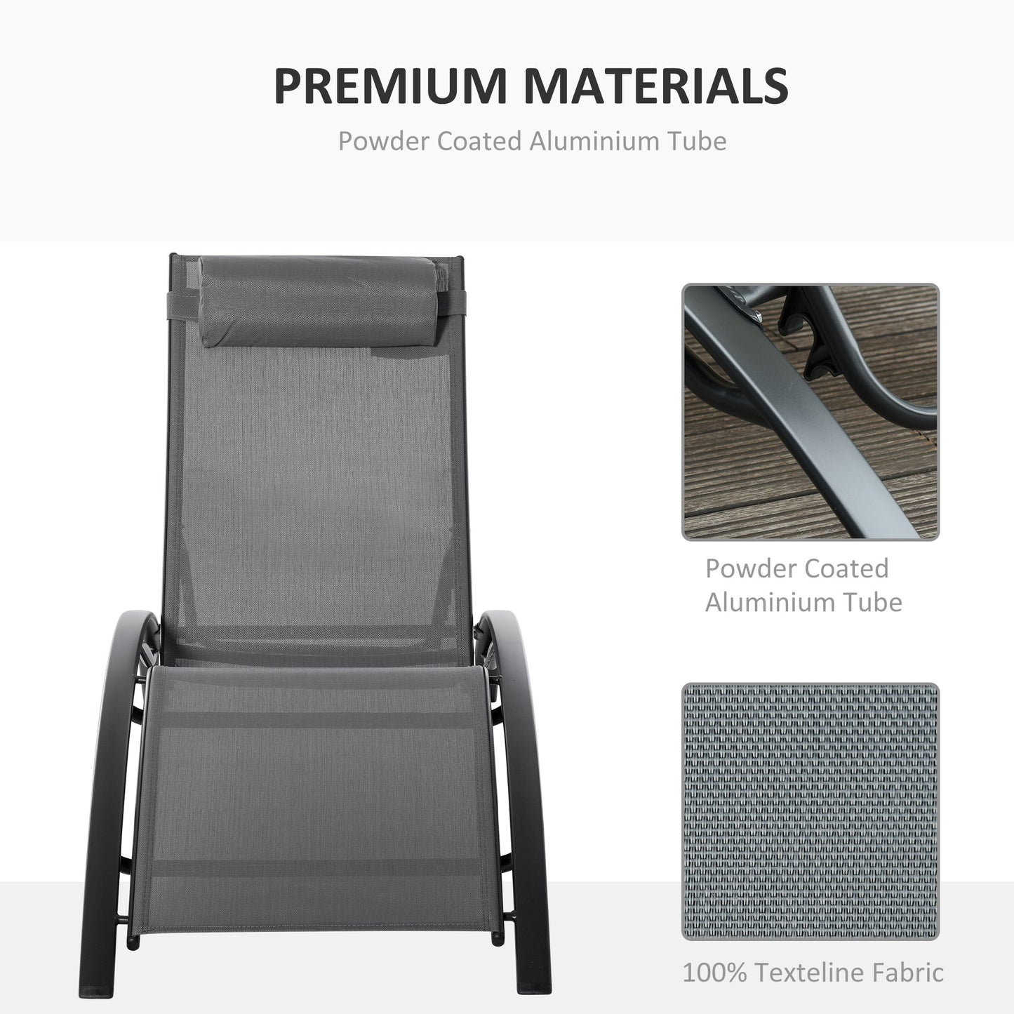 Patio Lounge Chair, Aluminum Reclining Outdoor Tanning Chair with 5-Level Adjustable Backrest, Head Pillow and Breathable Mesh Fabric, for Pool, Deck, Garden, Grey