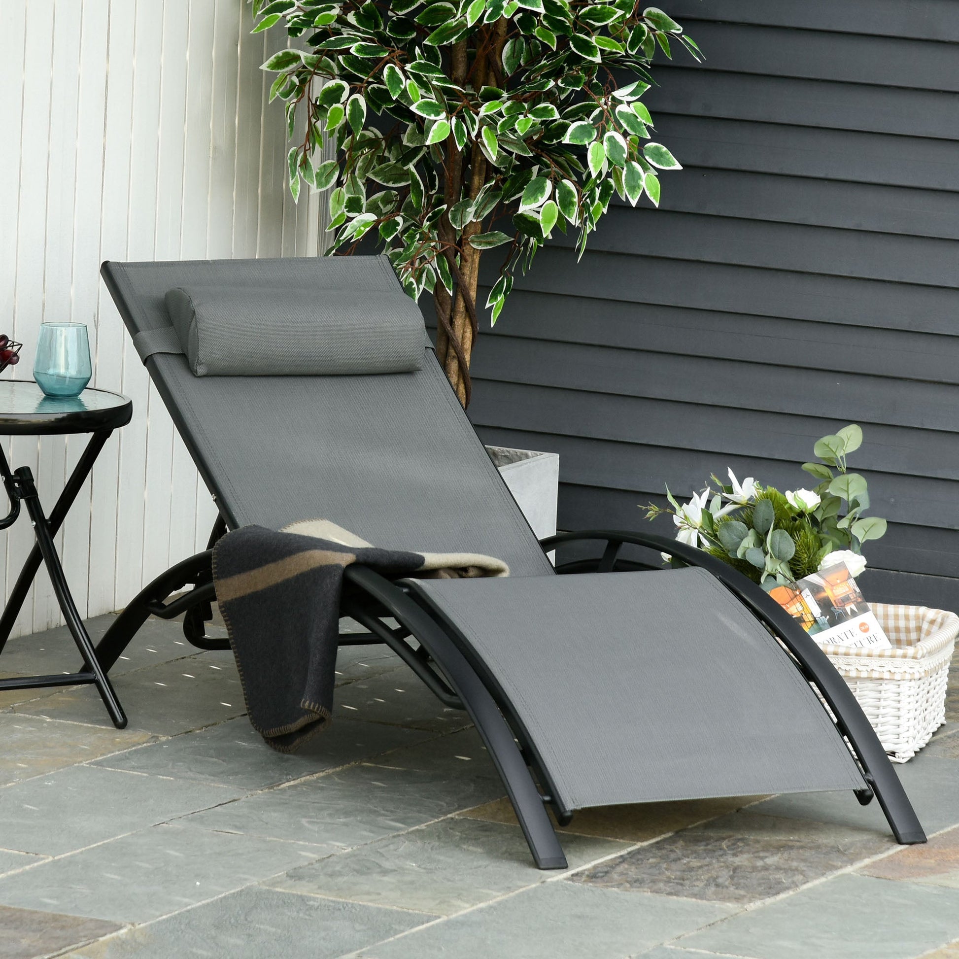 Patio Lounge Chair, Aluminum Reclining Outdoor Tanning Chair with 5-Level Adjustable Backrest, Head Pillow and Breathable Mesh Fabric, for Pool, Deck, Garden, Grey