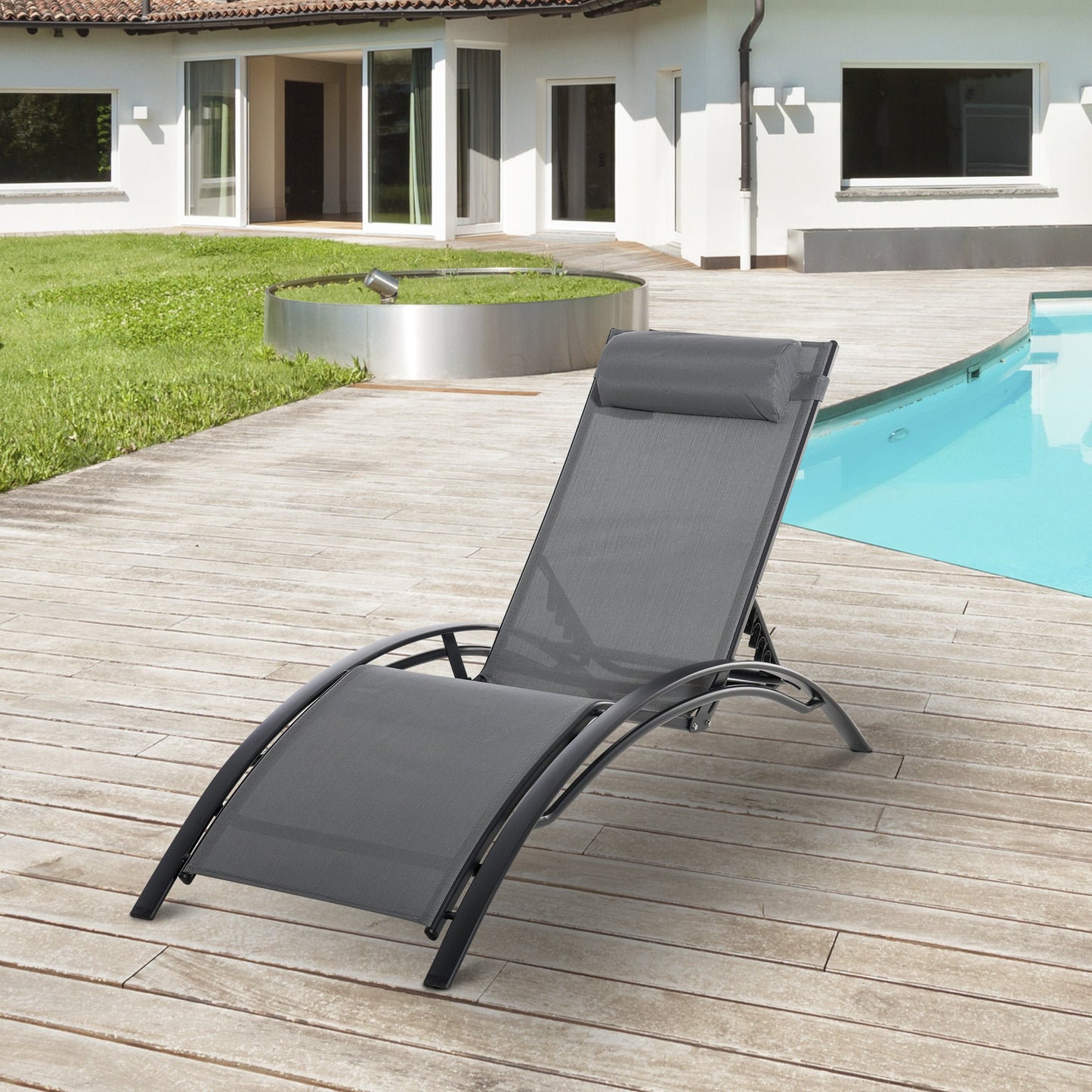 Patio Lounge Chair, Aluminum Reclining Outdoor Tanning Chair with 5-Level Adjustable Backrest, Head Pillow and Breathable Mesh Fabric, for Pool, Deck, Garden, Grey