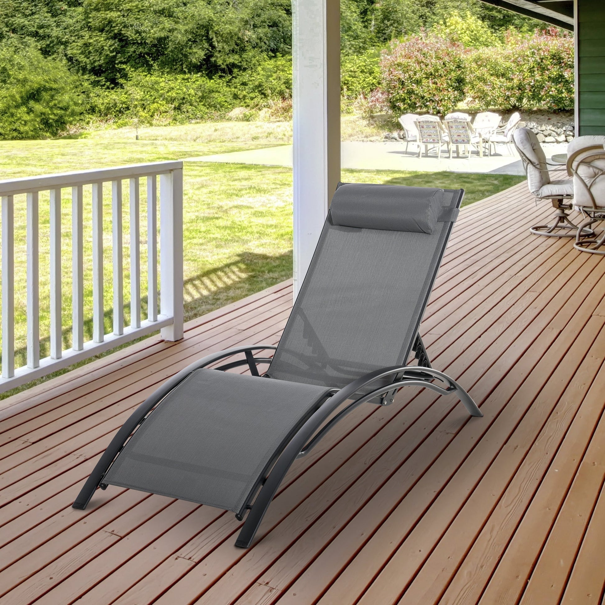 Patio Lounge Chair, Aluminum Reclining Outdoor Tanning Chair with 5-Level Adjustable Backrest, Head Pillow and Breathable Mesh Fabric, for Pool, Deck, Garden, Grey