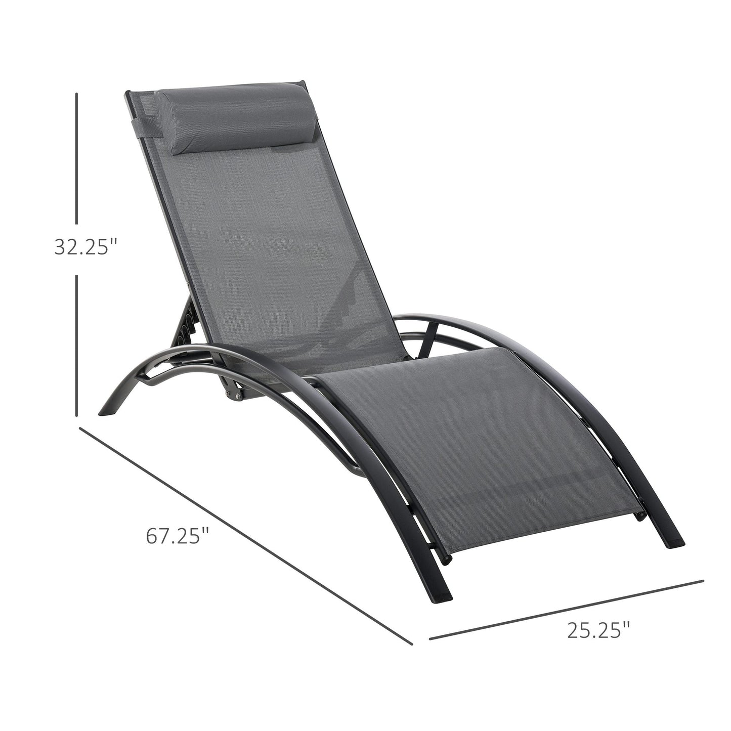 Patio Lounge Chair, Aluminum Reclining Outdoor Tanning Chair with 5-Level Adjustable Backrest, Head Pillow and Breathable Mesh Fabric, for Pool, Deck, Garden, Grey