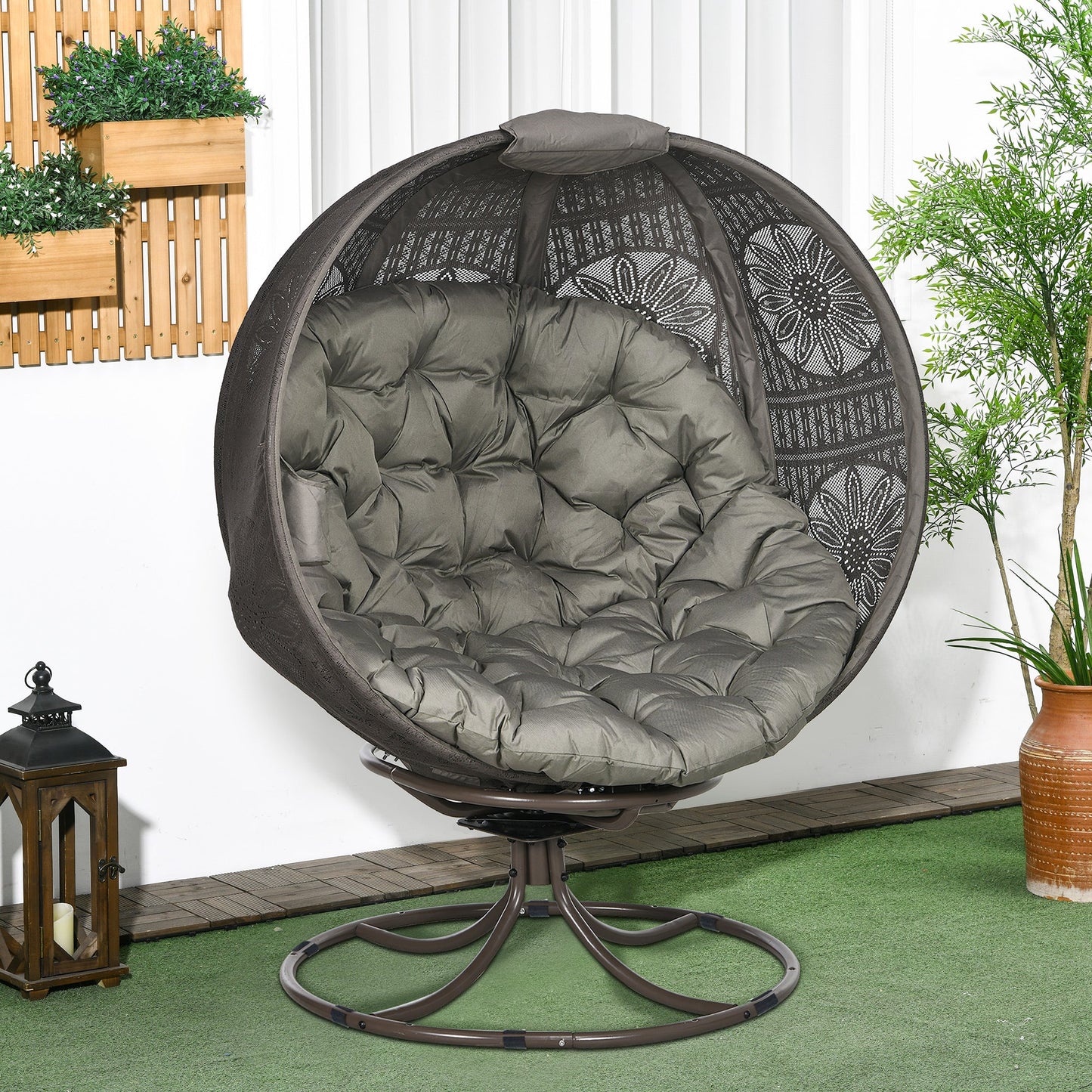Swivel Egg Chair, Patio Lounge Chair, Foldable Basket Chair with Large Seat Cushion, Cup Holder for Indoor, Outdoor, Balcony, Garden, Sand