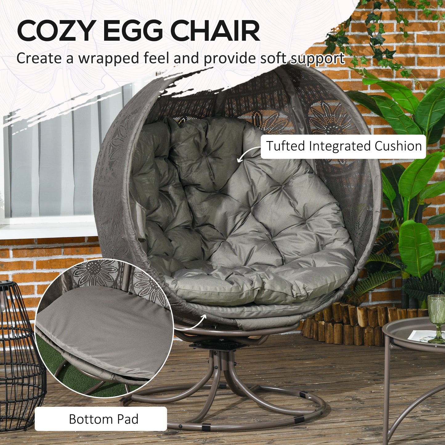 Swivel Egg Chair, Patio Lounge Chair, Foldable Basket Chair with Large Seat Cushion, Cup Holder for Indoor, Outdoor, Balcony, Garden, Sand
