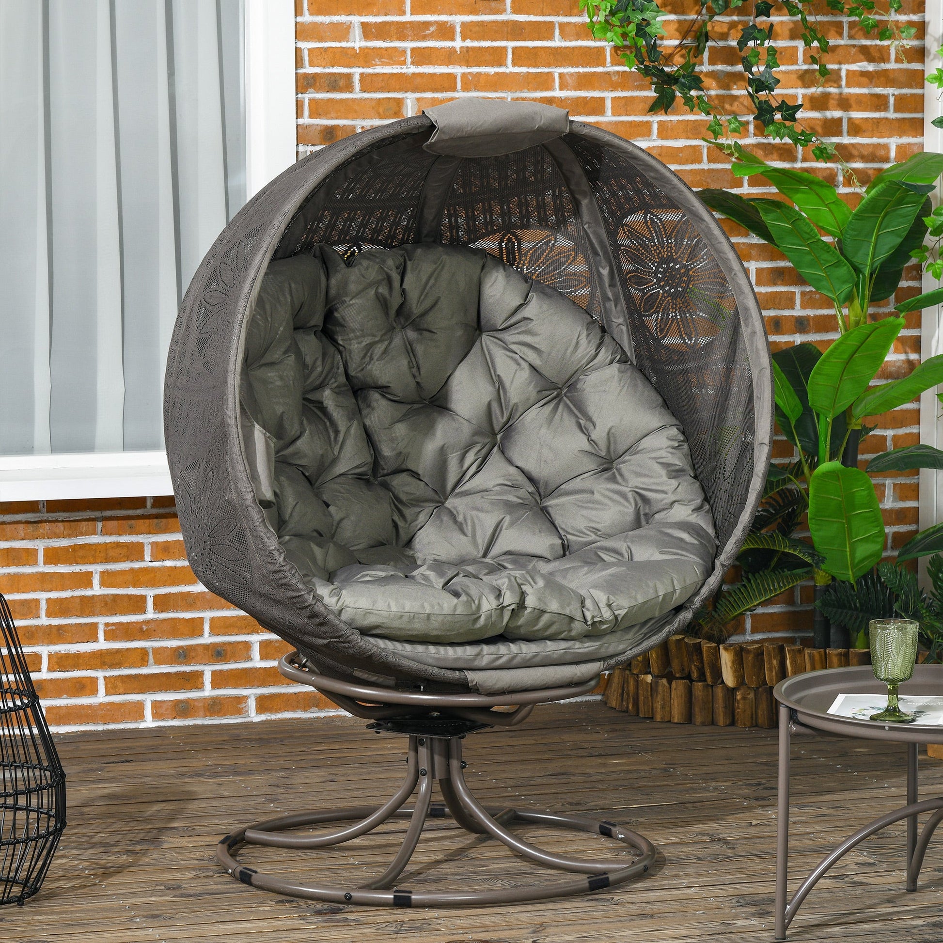 Swivel Egg Chair, Patio Lounge Chair, Foldable Basket Chair with Large Seat Cushion, Cup Holder for Indoor, Outdoor, Balcony, Garden, Sand