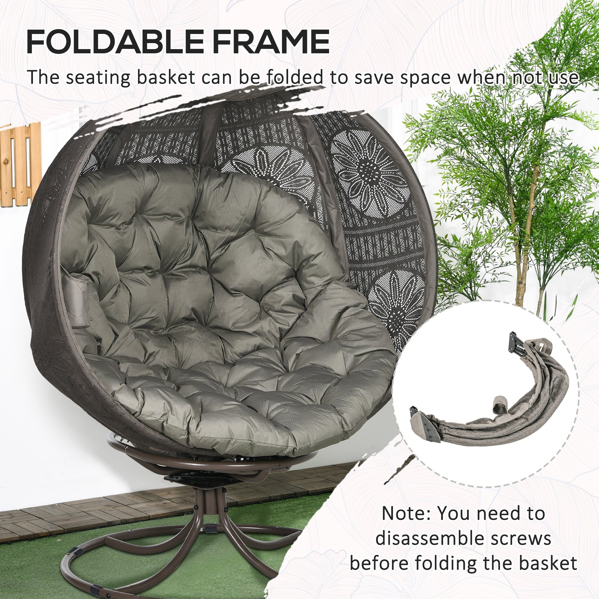 Swivel Egg Chair, Patio Lounge Chair, Foldable Basket Chair with Large Seat Cushion, Cup Holder for Indoor, Outdoor, Balcony, Garden, Sand