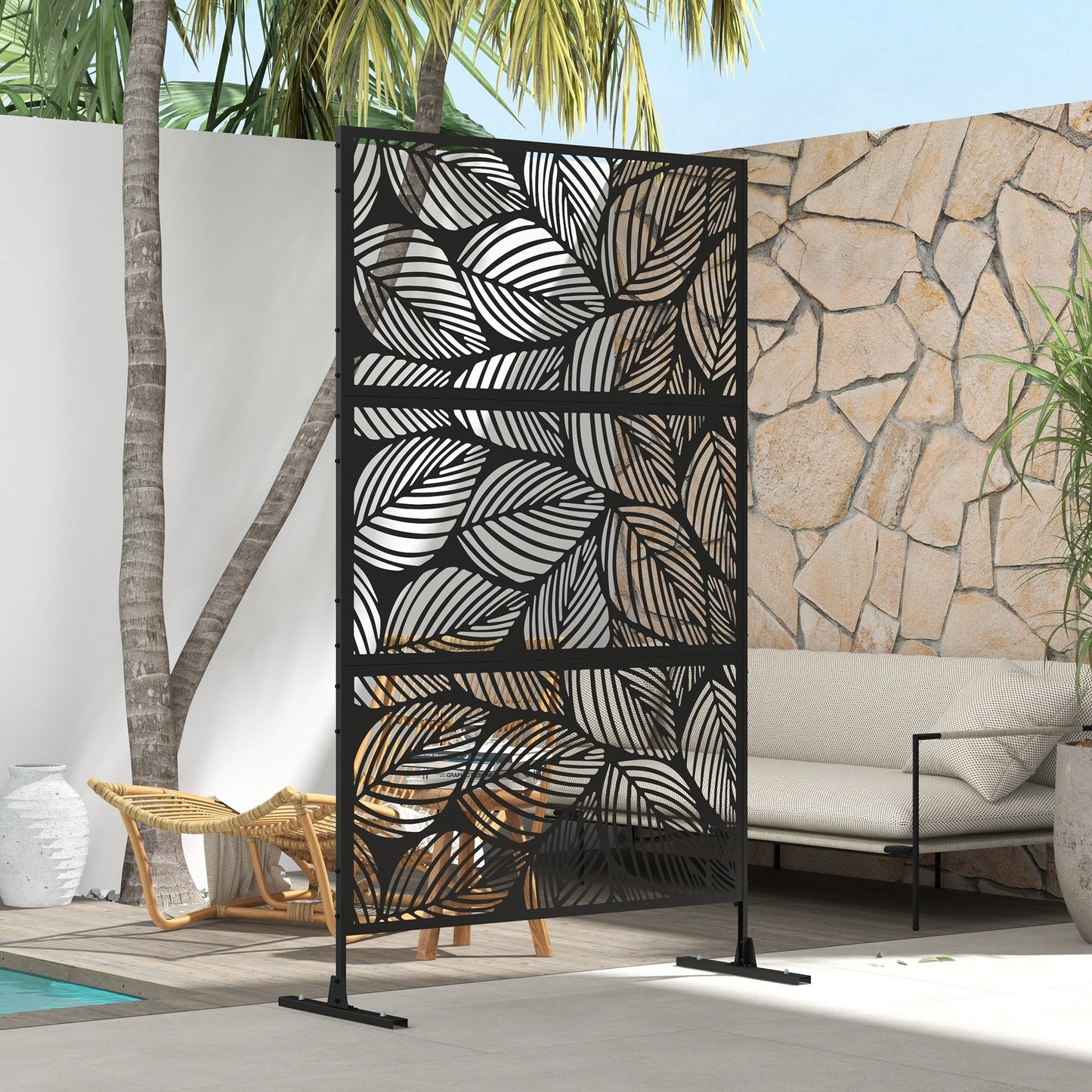 Metal Outdoor Privacy Screen, Decorative Outdoor Divider with Stand and Expansion Screws, Freestanding Privacy Panel for Garden, Backyard, Deck, Leaf Style, Black
