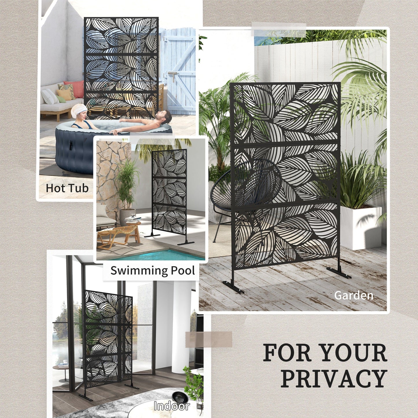 Metal Outdoor Privacy Screen, Decorative Outdoor Divider with Stand and Expansion Screws, Freestanding Privacy Panel for Garden, Backyard, Deck, Leaf Style, Black