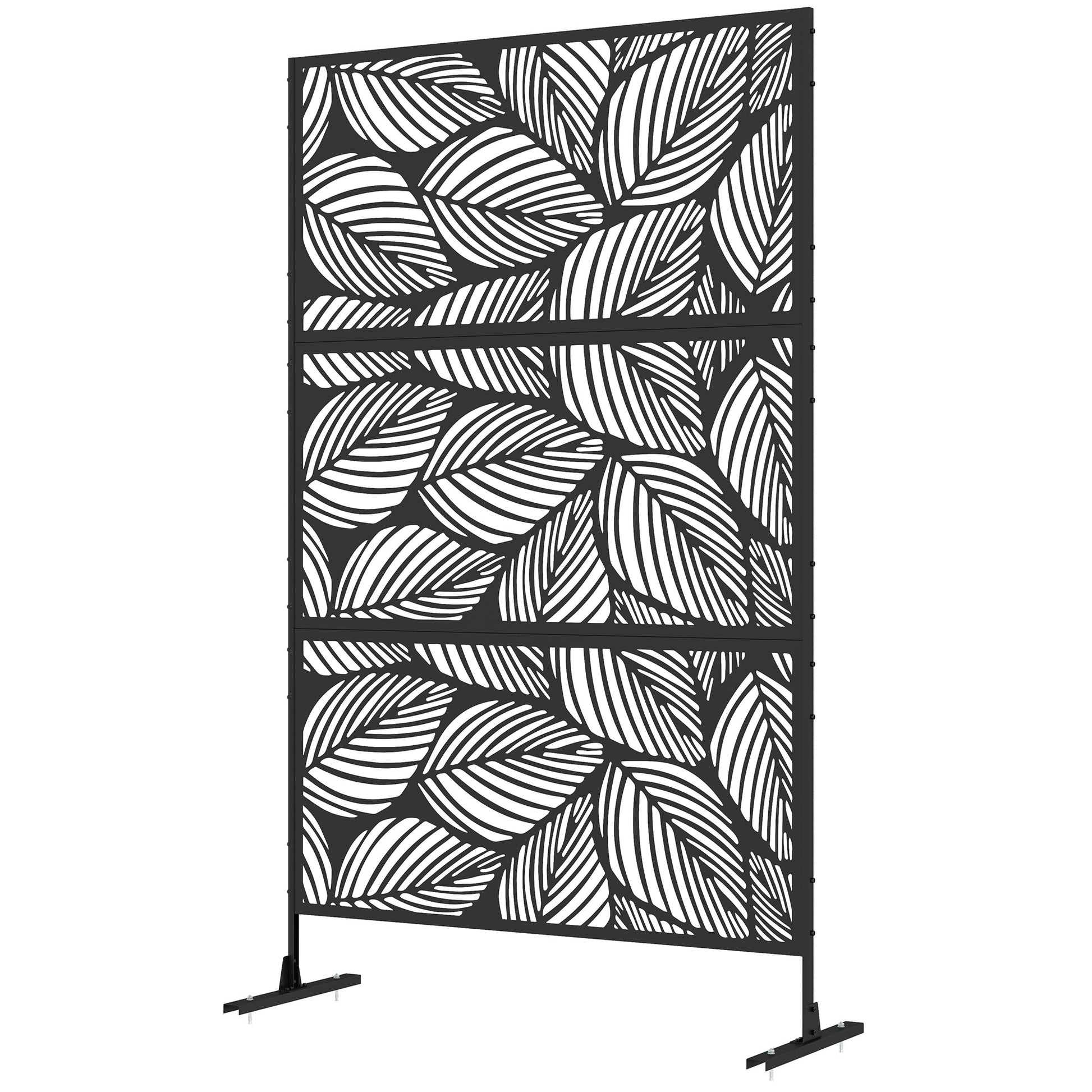 Metal Outdoor Privacy Screen, Decorative Outdoor Divider with Stand and Expansion Screws, Freestanding Privacy Panel for Garden, Backyard, Deck, Leaf Style, Black