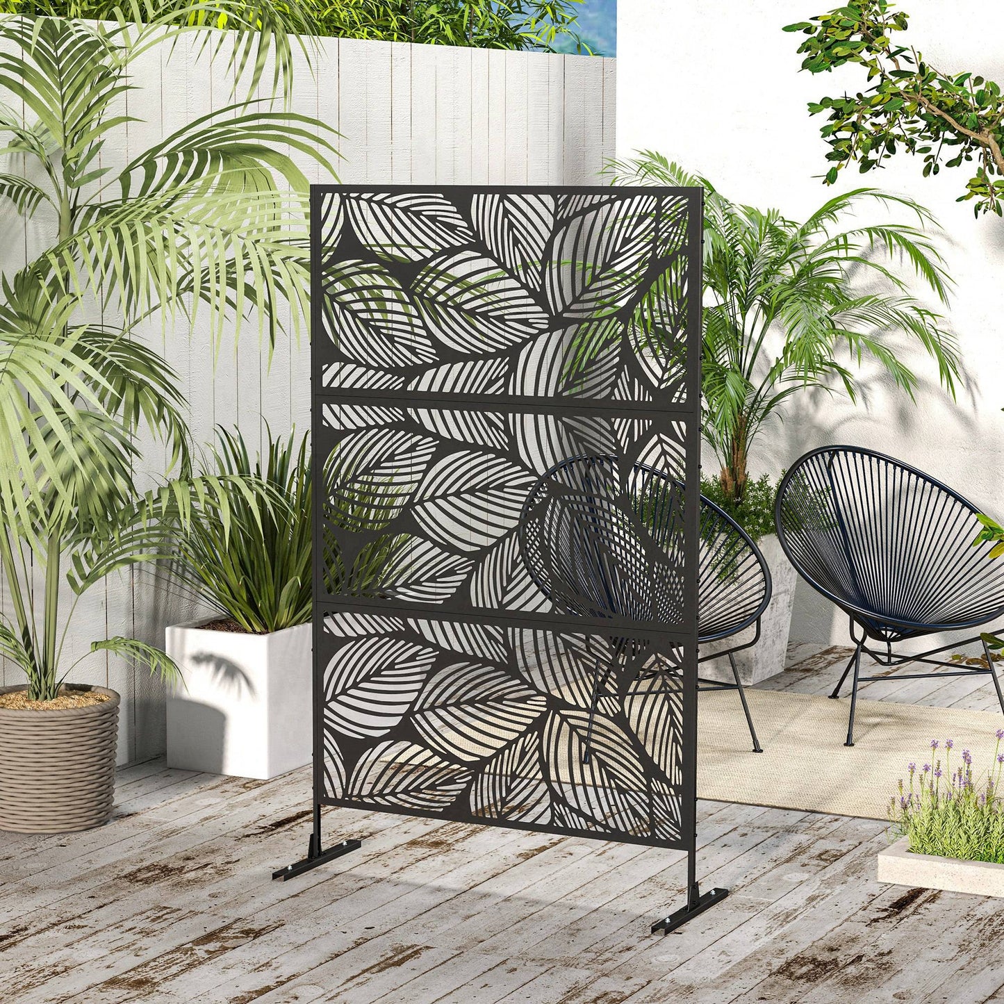 Metal Outdoor Privacy Screen, Decorative Outdoor Divider with Stand and Expansion Screws, Freestanding Privacy Panel for Garden, Backyard, Deck, Leaf Style, Black