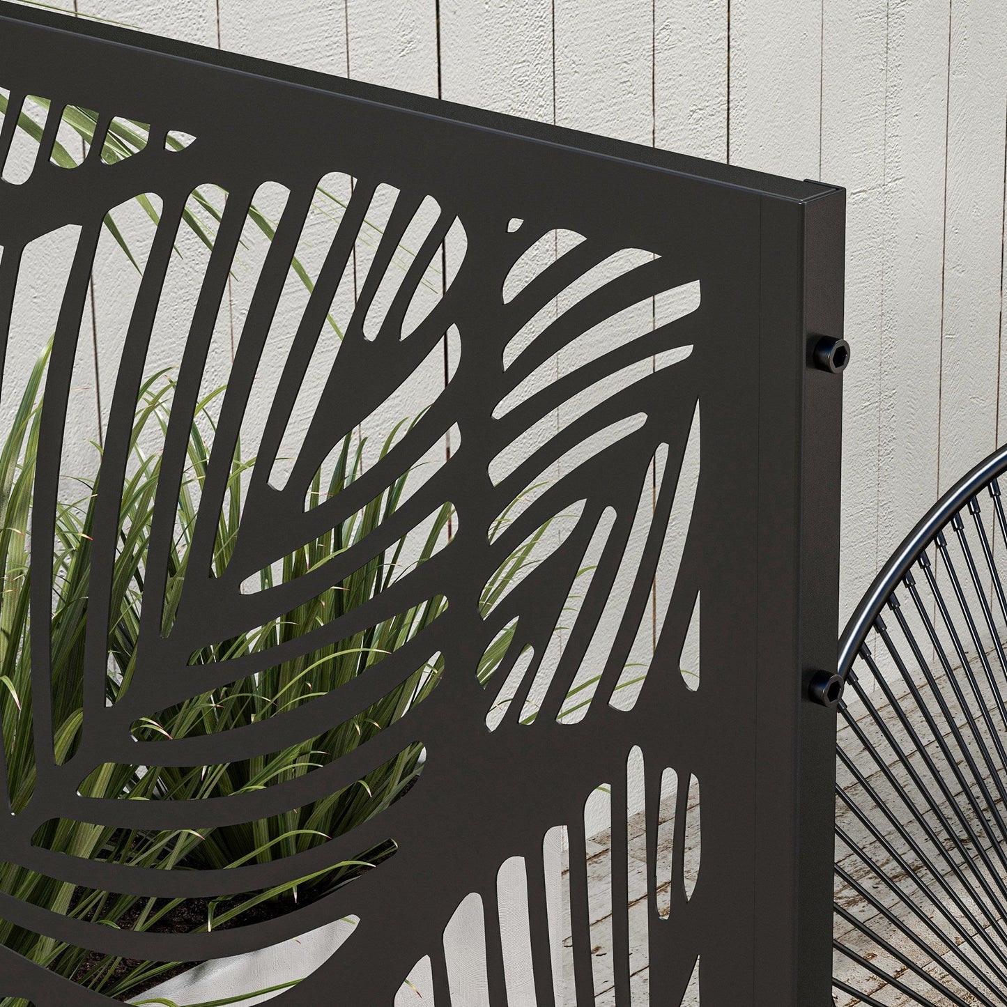 Metal Outdoor Privacy Screen, Decorative Outdoor Divider with Stand and Expansion Screws, Freestanding Privacy Panel for Garden, Backyard, Deck, Leaf Style, Black