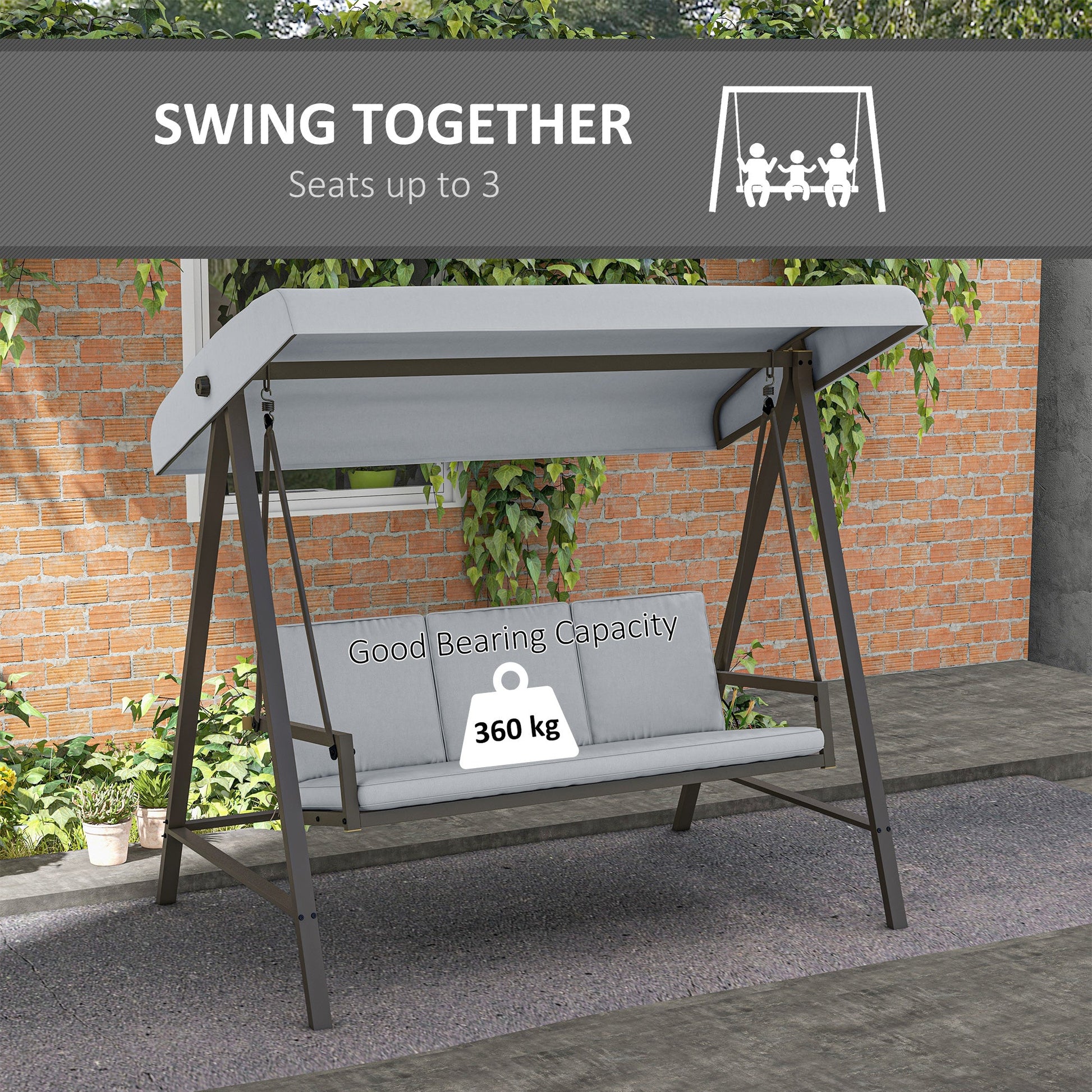 3 Seater Patio Swing Chair, Porch Swing with Adjustable Canopy, Removable Cushions and Steel Frame, Outdoor Swing Seat for Garden, Backyard, Lawn, Light Grey
