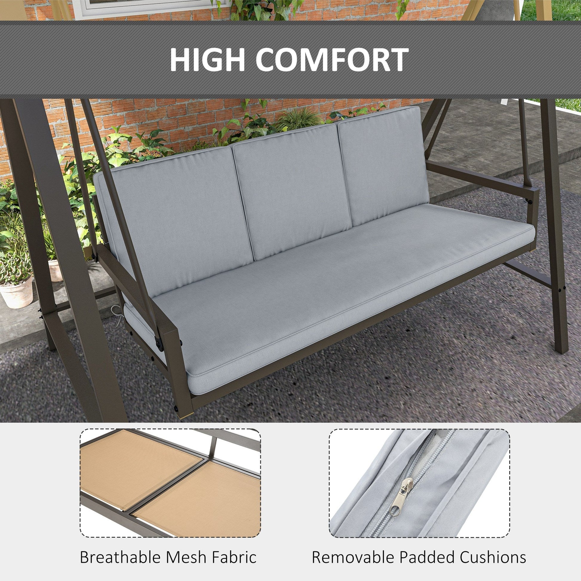 3 Seater Patio Swing Chair, Porch Swing with Adjustable Canopy, Removable Cushions and Steel Frame, Outdoor Swing Seat for Garden, Backyard, Lawn, Light Grey