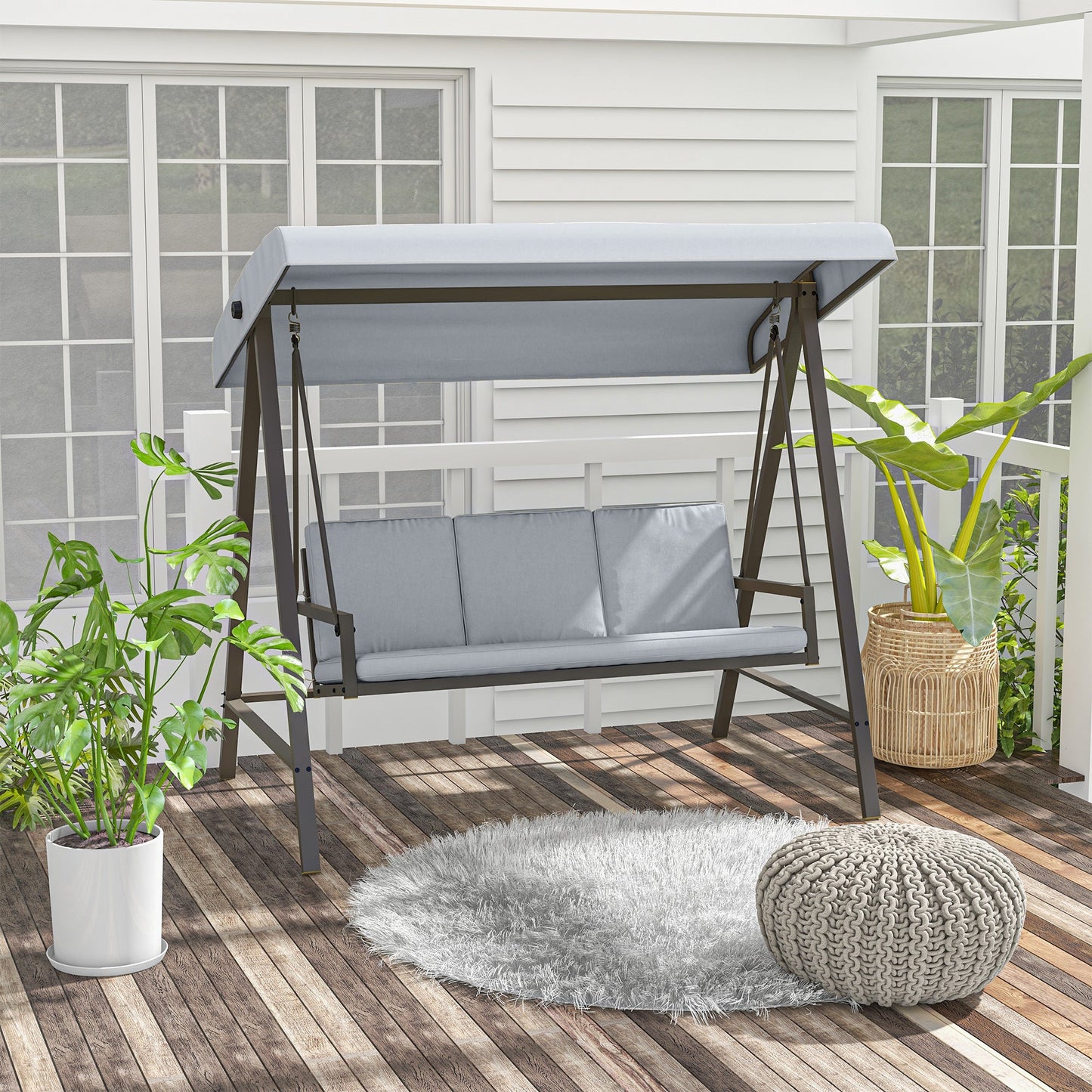 3 Seater Patio Swing Chair, Porch Swing with Adjustable Canopy, Removable Cushions and Steel Frame, Outdoor Swing Seat for Garden, Backyard, Lawn, Light Grey