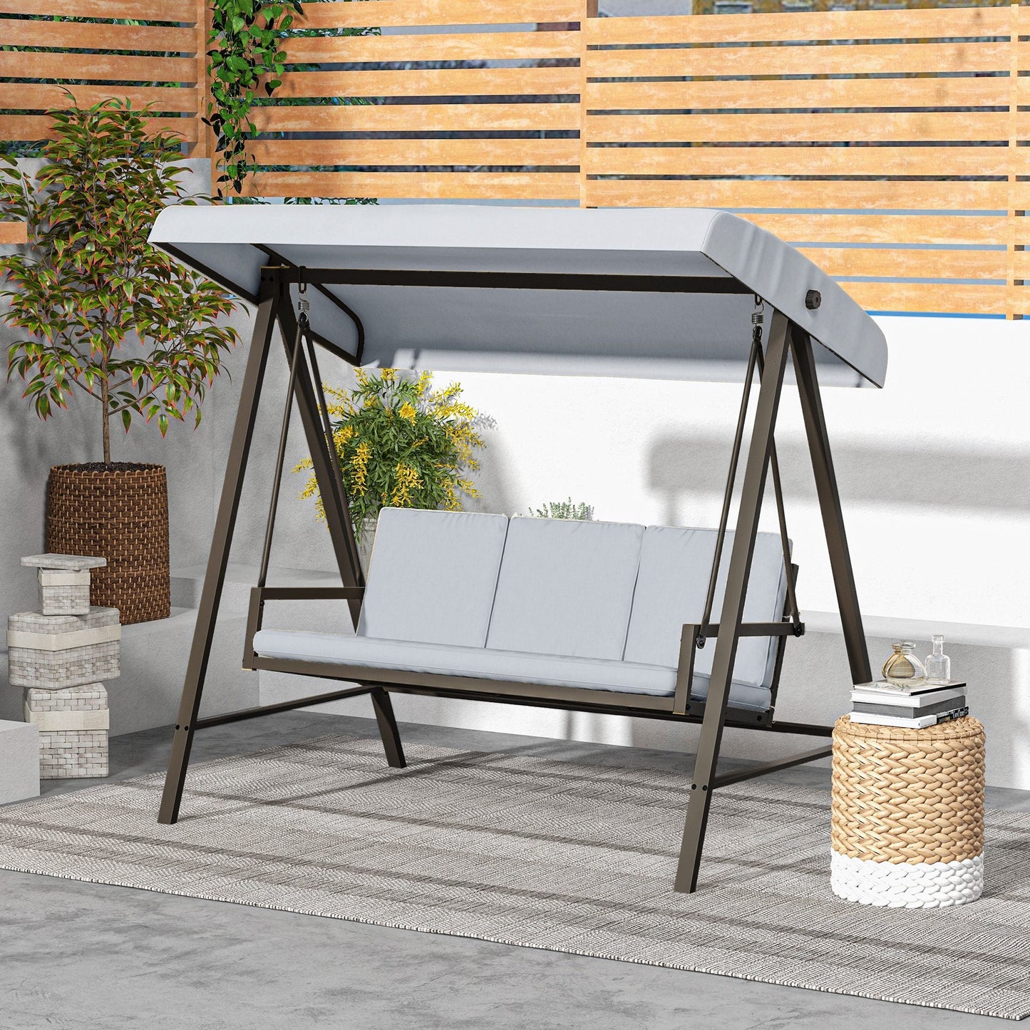 3 Seater Patio Swing Chair, Porch Swing with Adjustable Canopy, Removable Cushions and Steel Frame, Outdoor Swing Seat for Garden, Backyard, Lawn, Light Grey