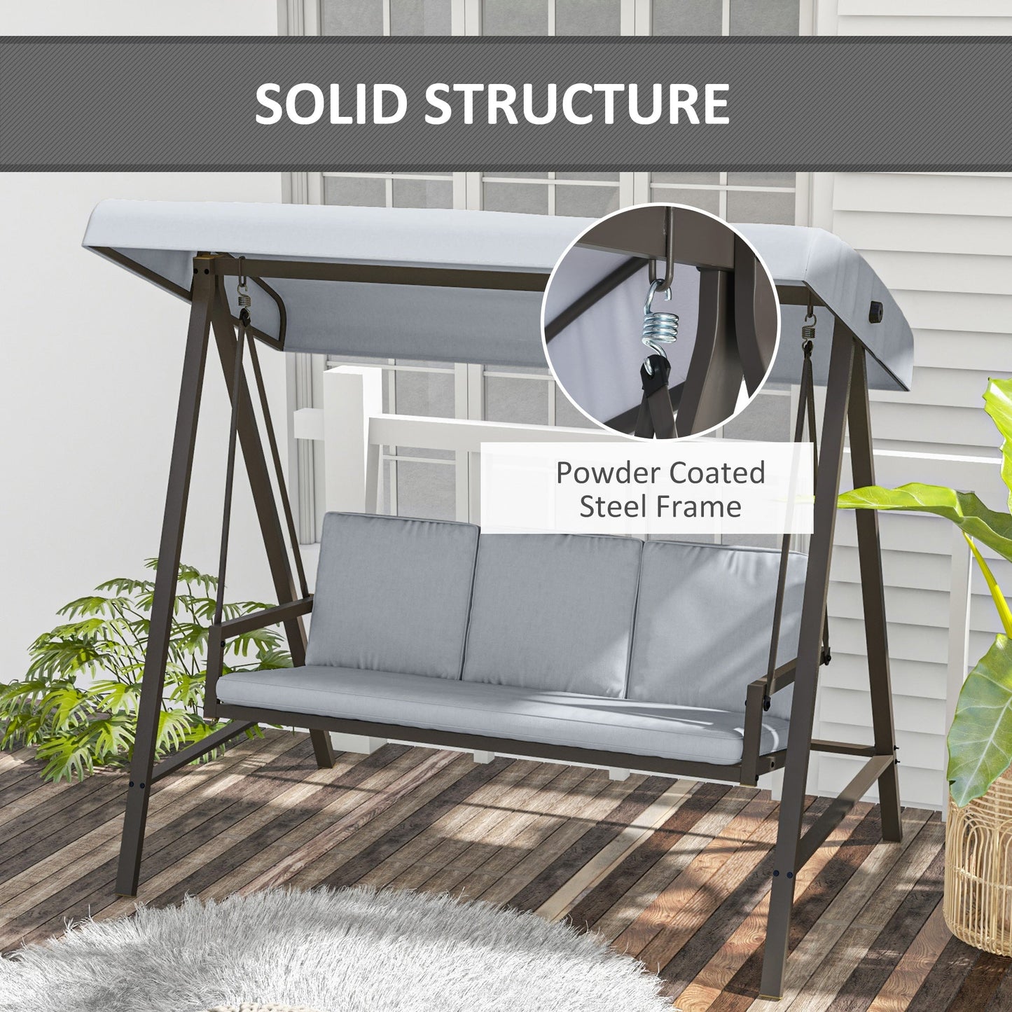 3 Seater Patio Swing Chair, Porch Swing with Adjustable Canopy, Removable Cushions and Steel Frame, Outdoor Swing Seat for Garden, Backyard, Lawn, Light Grey
