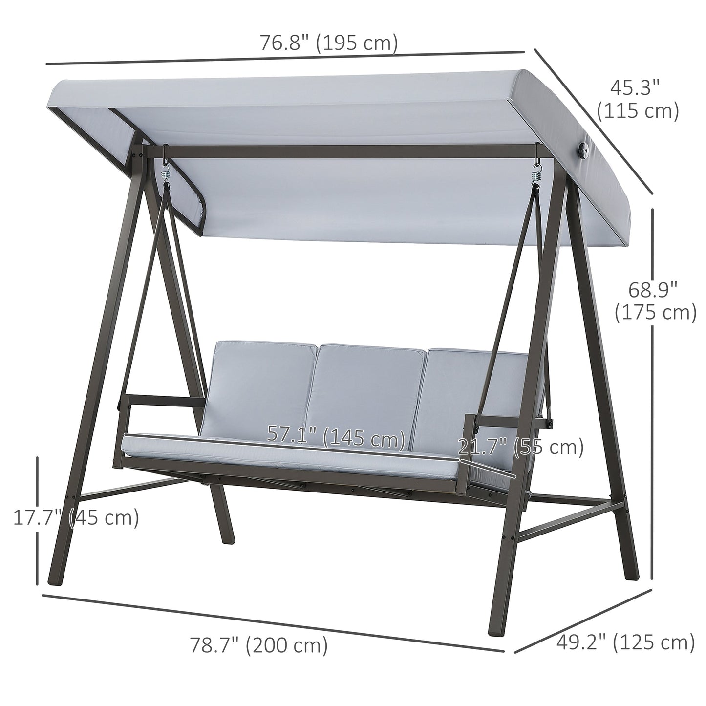 3 Seater Patio Swing Chair, Porch Swing with Adjustable Canopy, Removable Cushions and Steel Frame, Outdoor Swing Seat for Garden, Backyard, Lawn, Light Grey