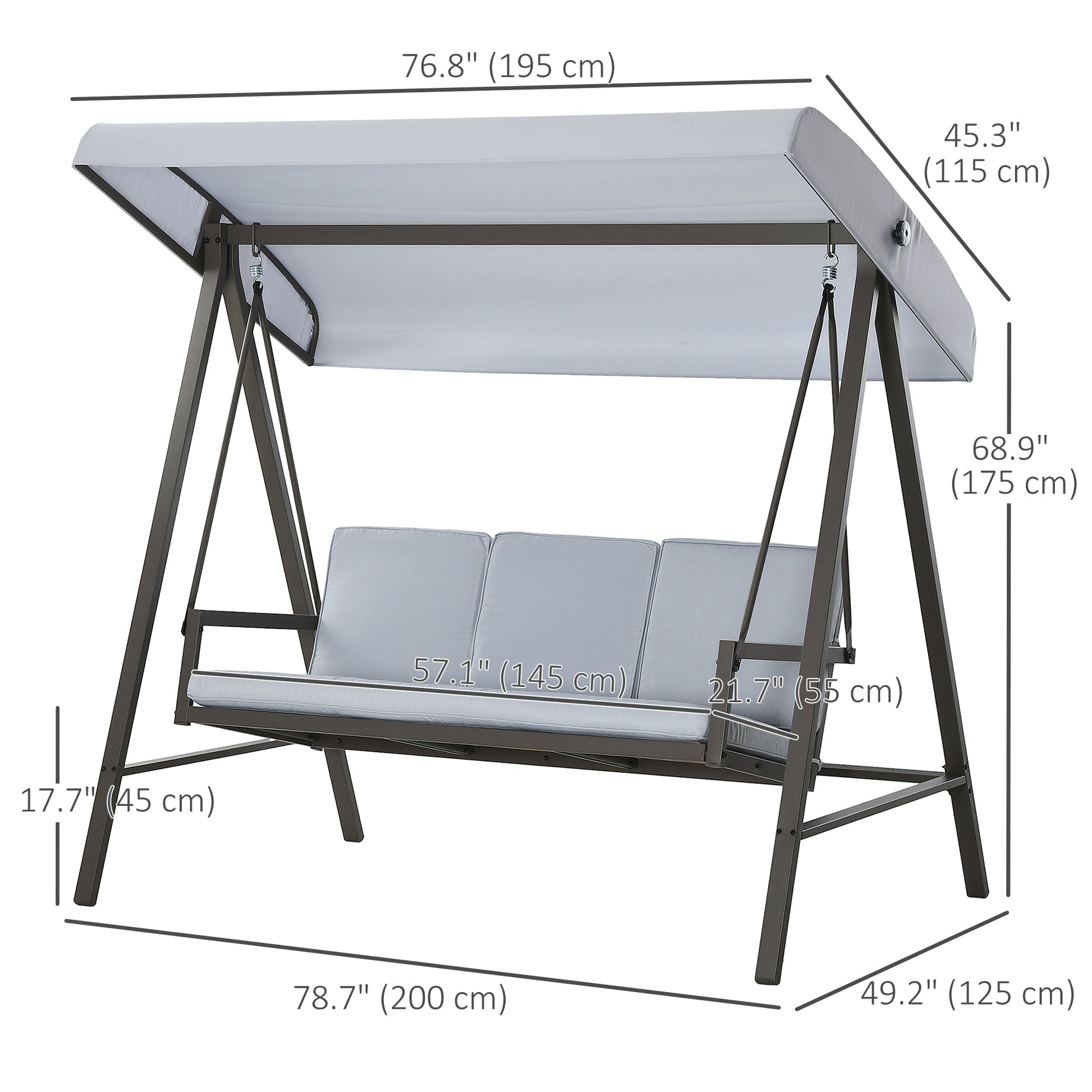 3 Seater Patio Swing Chair, Porch Swing with Adjustable Canopy, Removable Cushions and Steel Frame, Outdoor Swing Seat for Garden, Backyard, Lawn, Light Grey