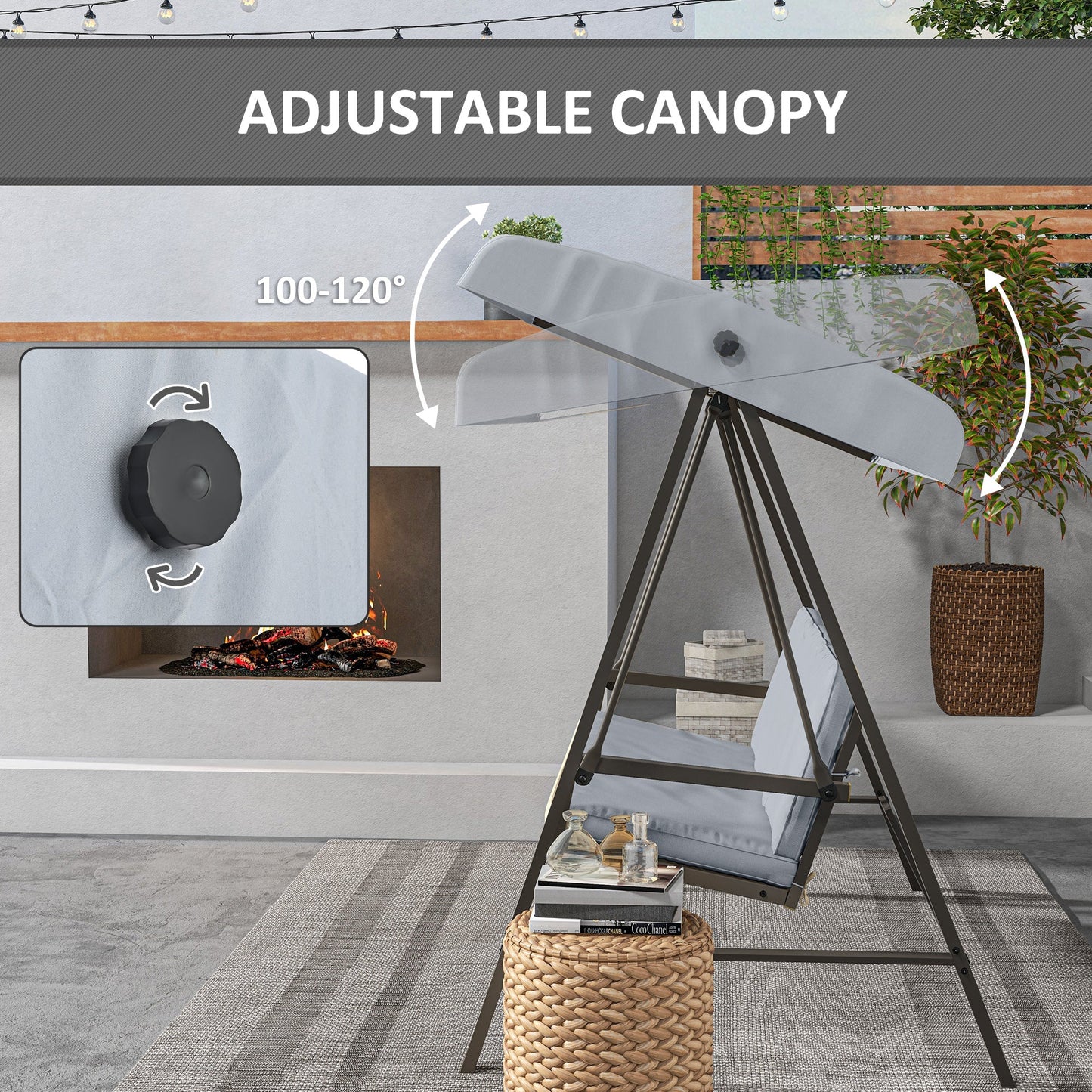 3 Seater Patio Swing Chair, Porch Swing with Adjustable Canopy, Removable Cushions and Steel Frame, Outdoor Swing Seat for Garden, Backyard, Lawn, Light Grey