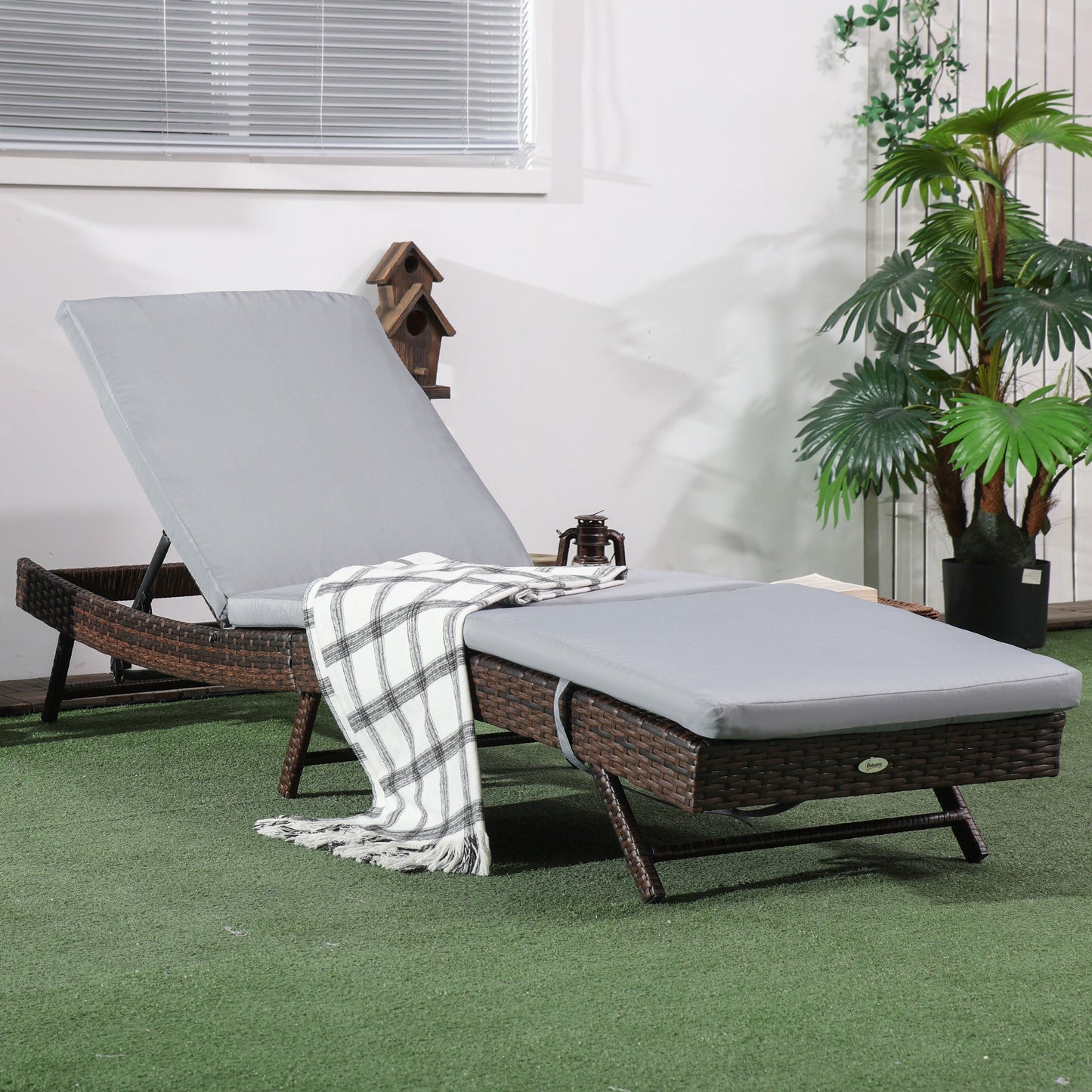 Wicker Patio Lounger, Outdoor S Shape Recliners Lounge Chair w/ 5-Level Adjustable Backrest, Soft Padded Cushion for Outdoor Use, Grey