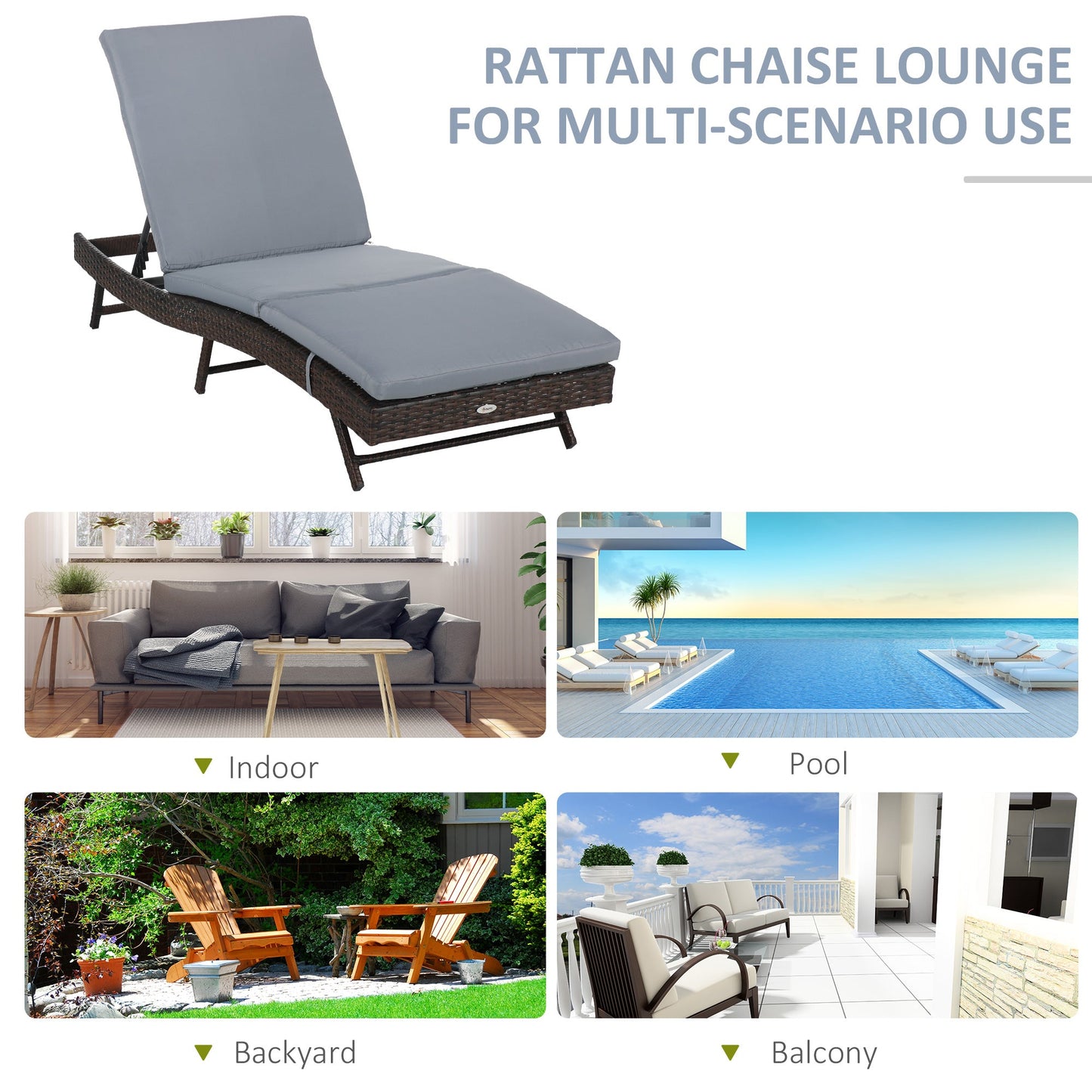 Wicker Patio Lounger, Outdoor S Shape Recliners Lounge Chair w/ 5-Level Adjustable Backrest, Soft Padded Cushion for Outdoor Use, Grey