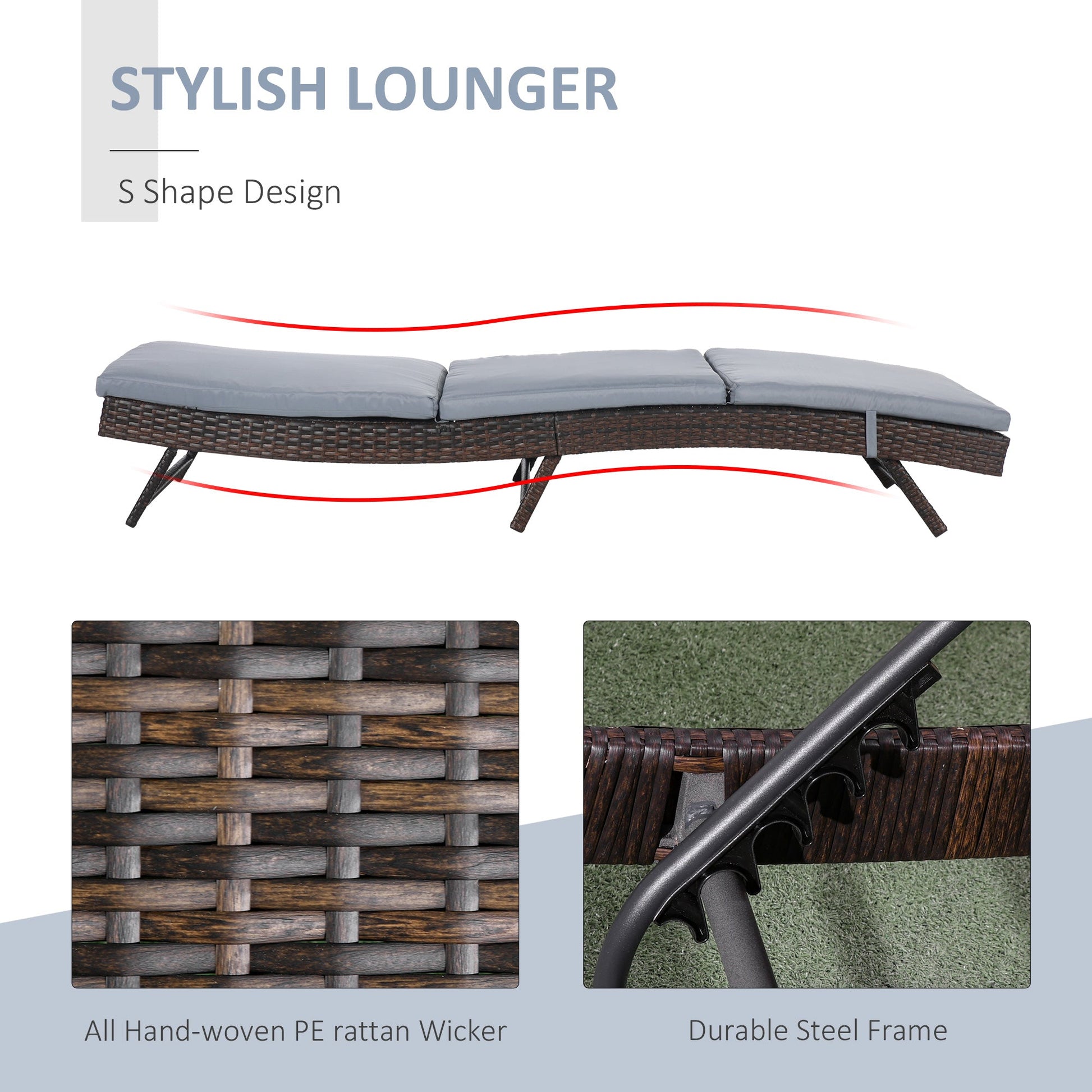 Wicker Patio Lounger, Outdoor S Shape Recliners Lounge Chair w/ 5-Level Adjustable Backrest, Soft Padded Cushion for Outdoor Use, Grey