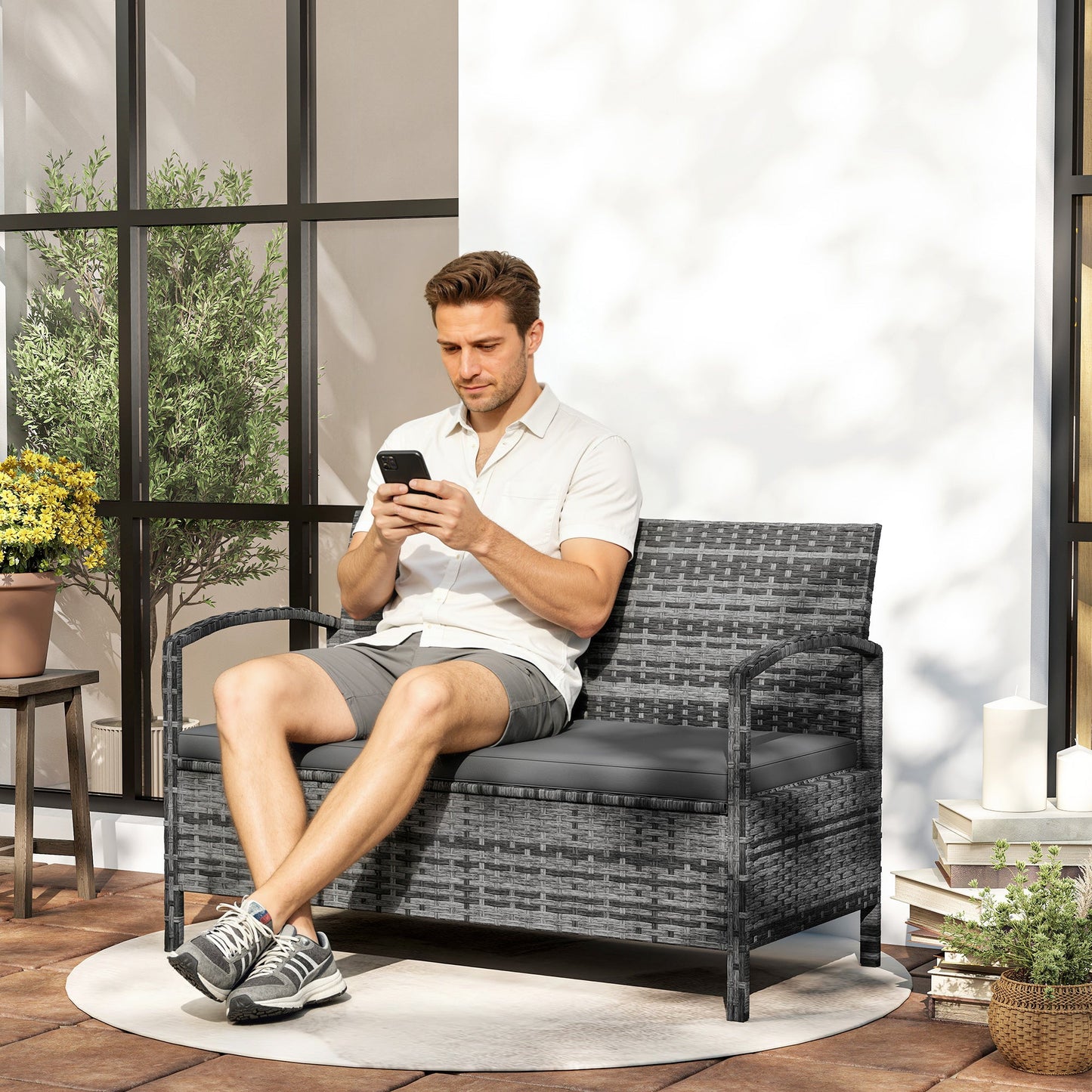 Wicker Outdoor Storage Bench, 33 Gallon PE Rattan Deck Box Seat, 2-Seater Patio Bench with Storage and Cushion for Garden Tools, Balcony, Backyard, Pool, Grey