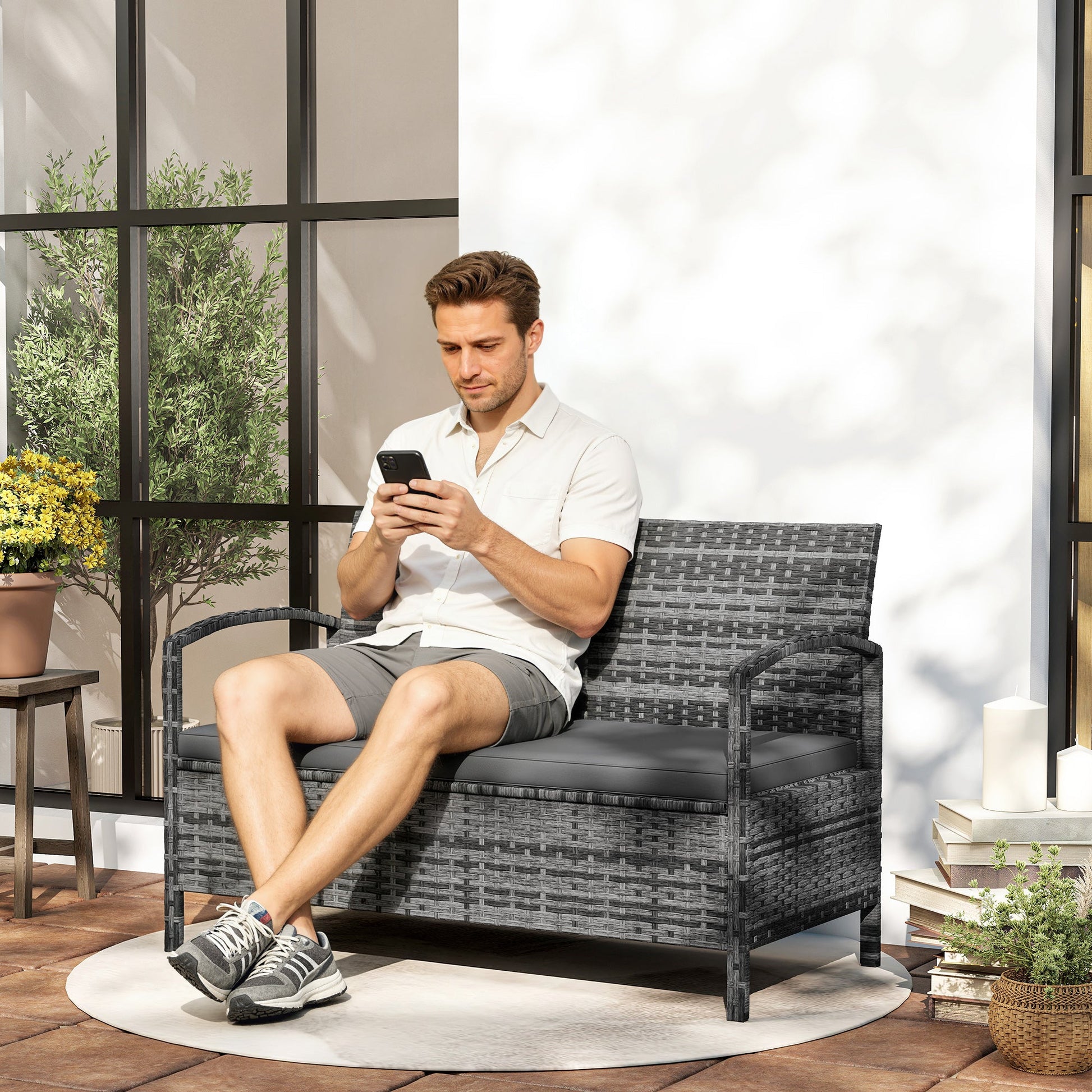 Wicker Outdoor Storage Bench, 33 Gallon PE Rattan Deck Box Seat, 2-Seater Patio Bench with Storage and Cushion for Garden Tools, Balcony, Backyard, Pool, Grey