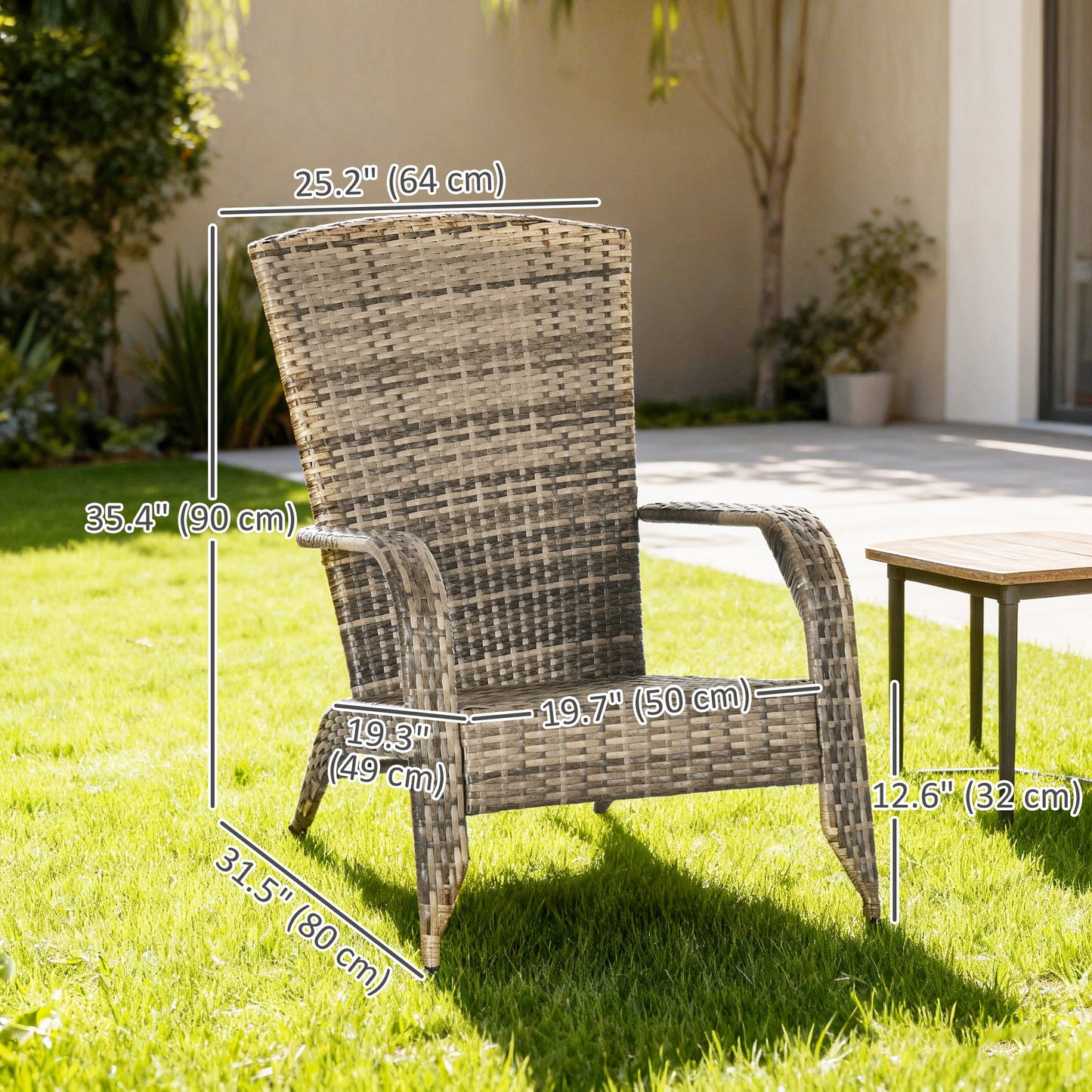 Patio Wicker Adirondack Chair, Outdoor PE Rattan Fire Pit Chair, Muskoka Chair w/ Soft Cushions, Tall Curved Backrest and Comfortable Armrests for Deck Garden, Mixed Grey