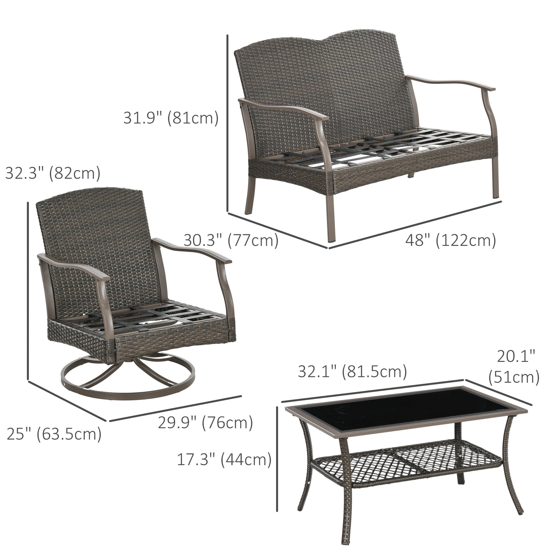 4 Piece PE Rattan Patio Furniture Set, Outdoor Wicker Sofa Set Conversation Furniture w/ Two-Tier Table, Loveseat, 2 Swivel Rocking Chairs and Cushions, Navy Blue