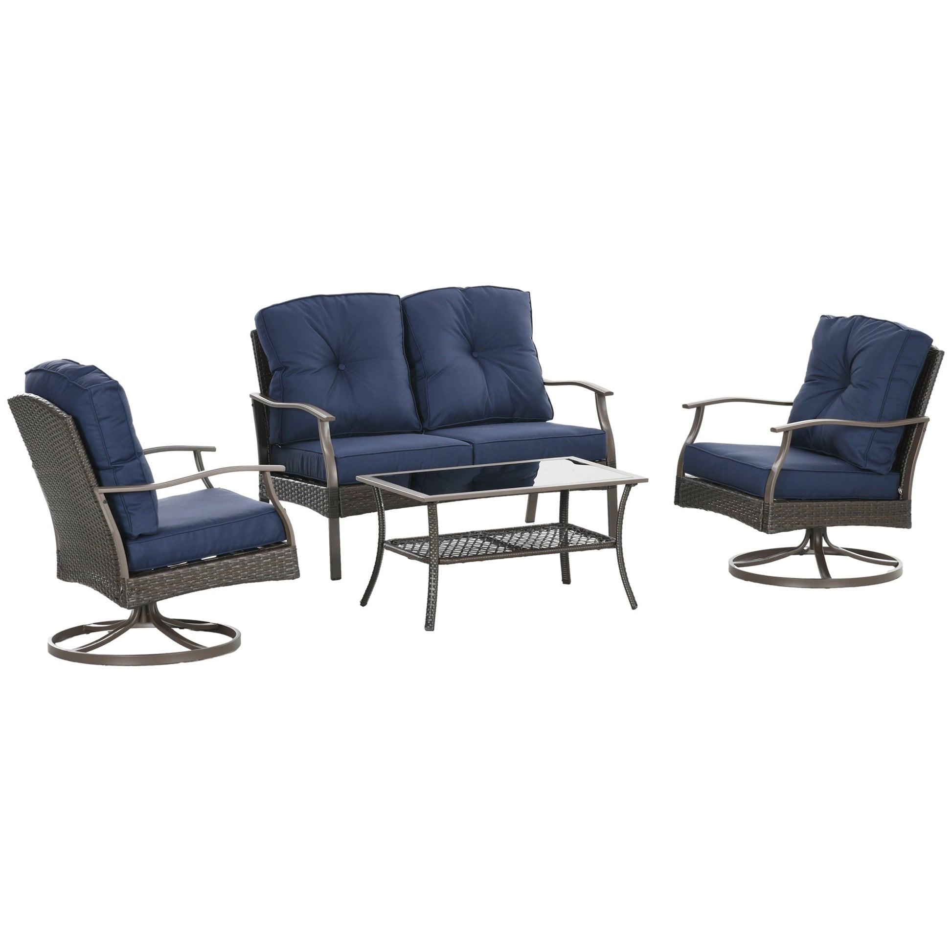 4 Piece PE Rattan Patio Furniture Set, Outdoor Wicker Sofa Set Conversation Furniture w/ Two-Tier Table, Loveseat, 2 Swivel Rocking Chairs and Cushions, Navy Blue