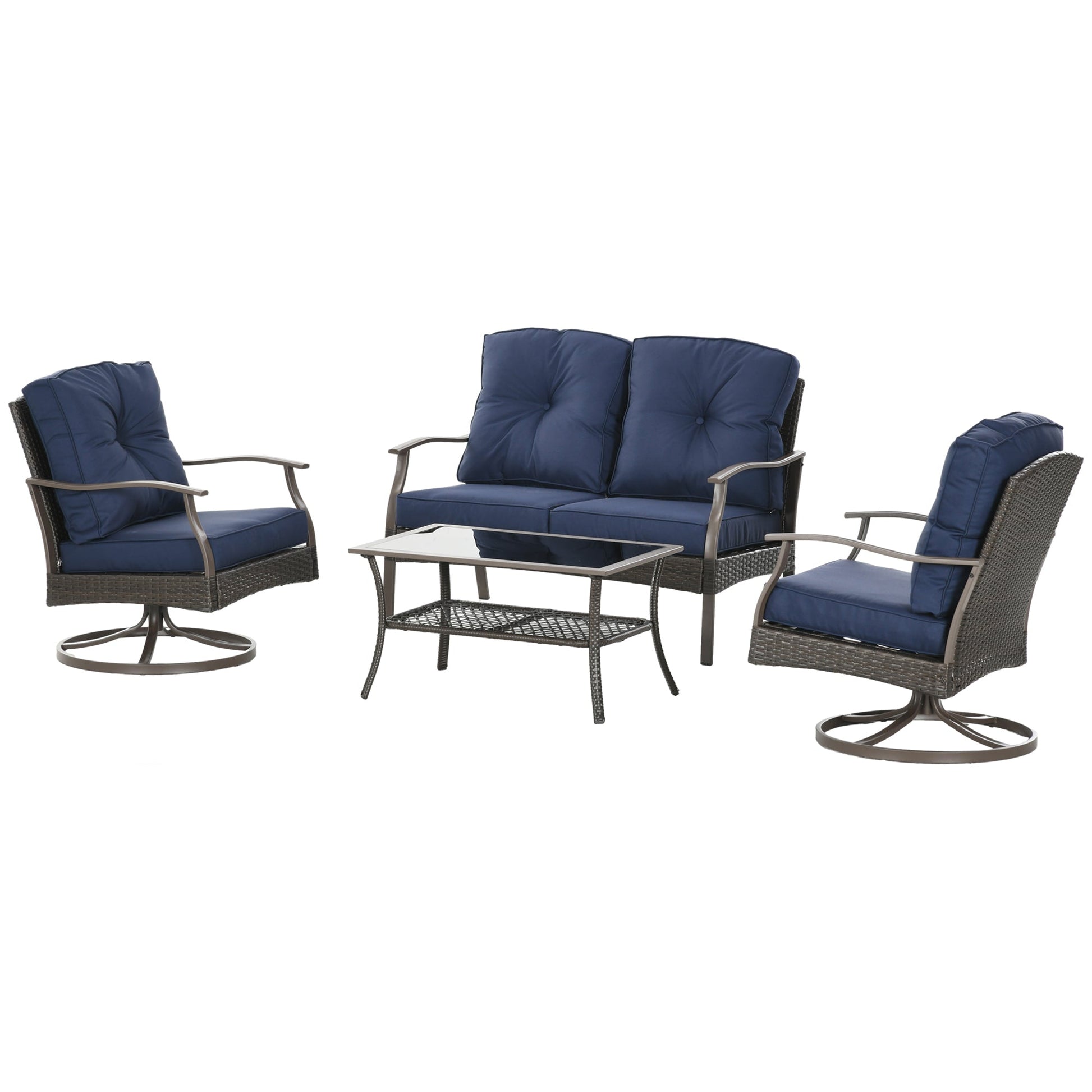 4 Piece PE Rattan Patio Furniture Set, Outdoor Wicker Sofa Set Conversation Furniture w/ Two-Tier Table, Loveseat, 2 Swivel Rocking Chairs and Cushions, Navy Blue