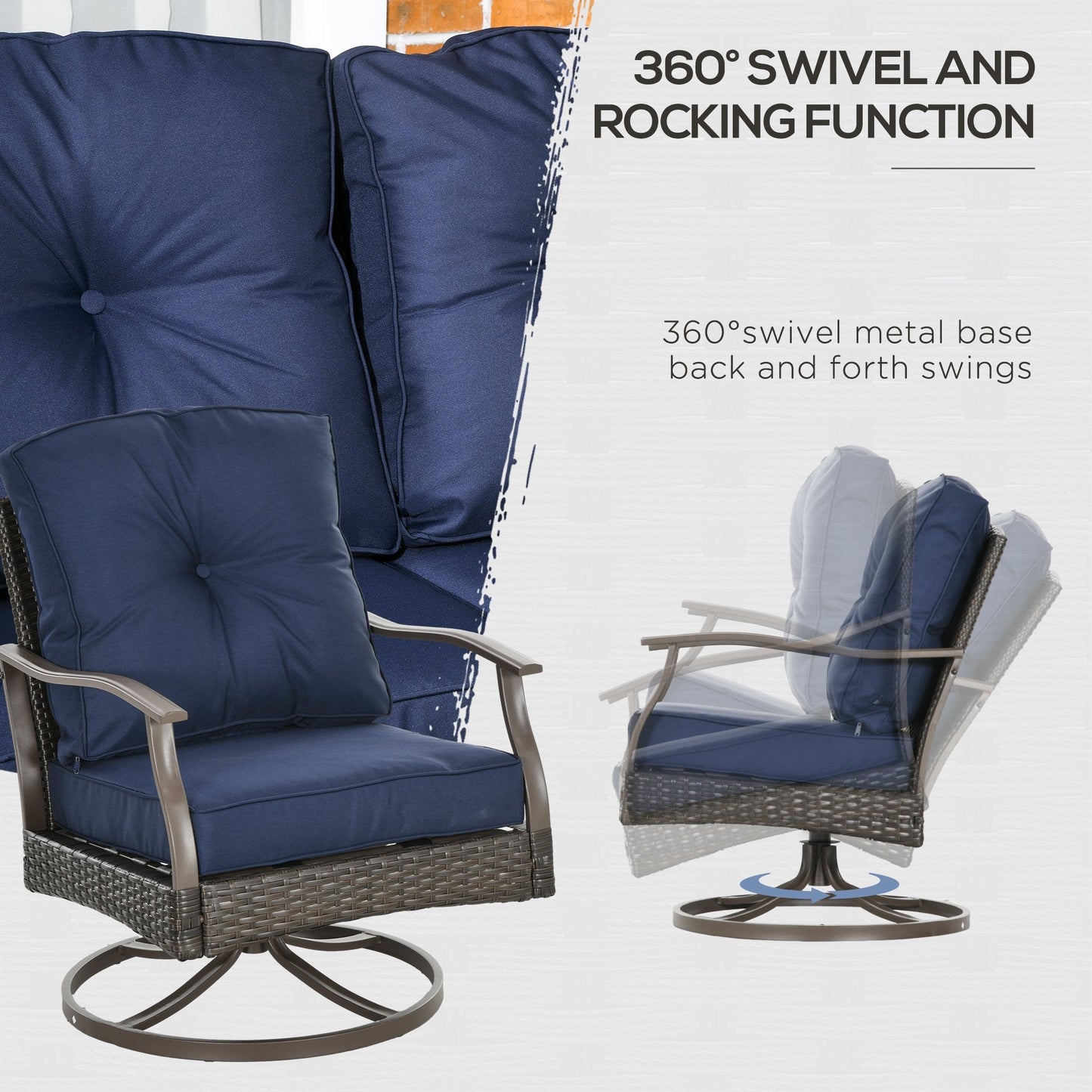 4 Piece PE Rattan Patio Furniture Set, Outdoor Wicker Sofa Set Conversation Furniture w/ Two-Tier Table, Loveseat, 2 Swivel Rocking Chairs and Cushions, Navy Blue