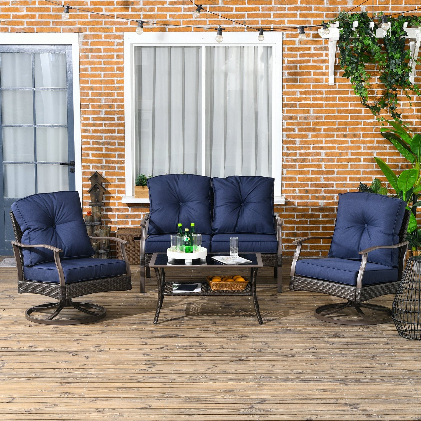 4 Piece PE Rattan Patio Furniture Set, Outdoor Wicker Sofa Set Conversation Furniture w/ Two-Tier Table, Loveseat, 2 Swivel Rocking Chairs and Cushions, Navy Blue