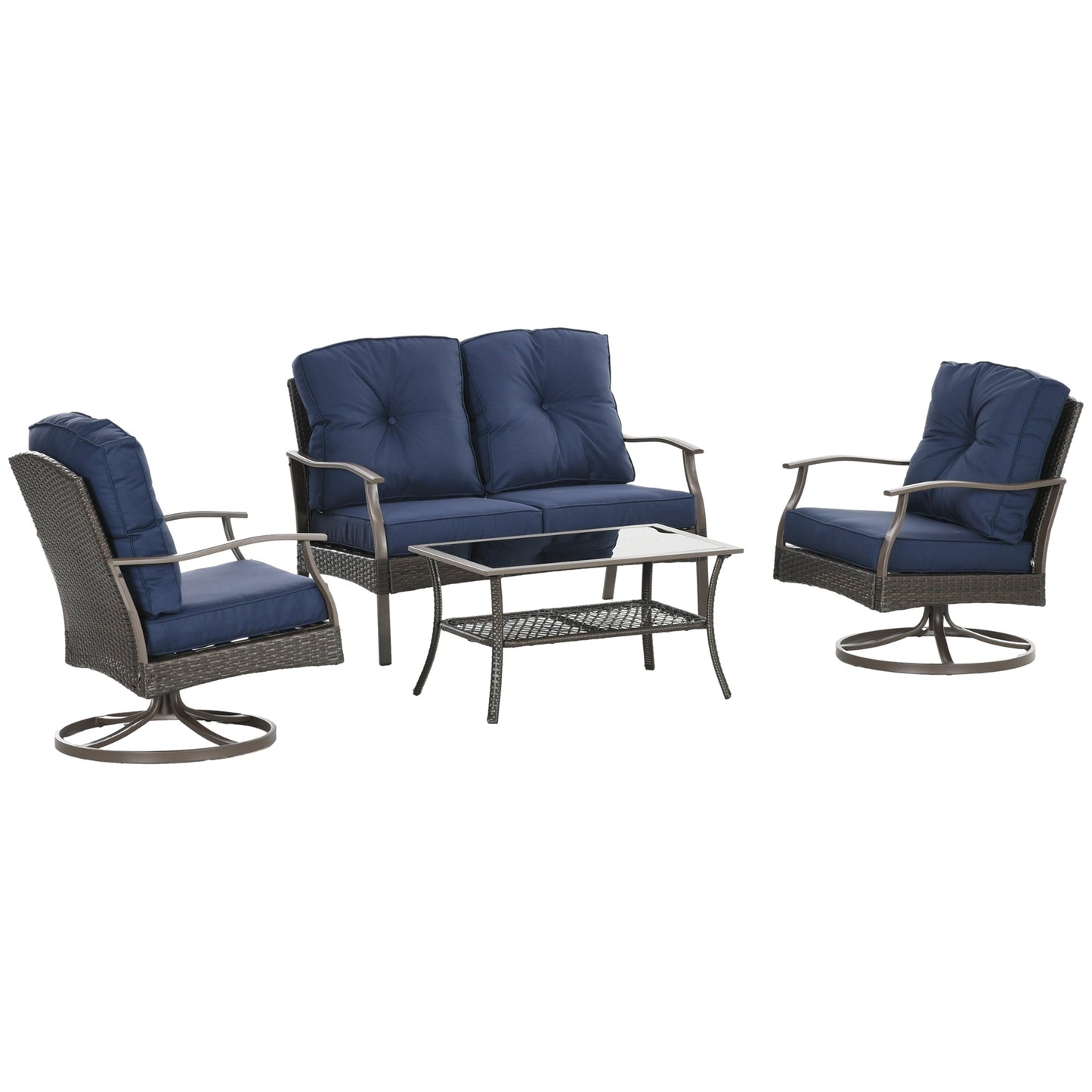 4 Piece PE Rattan Patio Furniture Set, Outdoor Wicker Sofa Set Conversation Furniture w/ Two-Tier Table, Loveseat, 2 Swivel Rocking Chairs and Cushions, Navy Blue