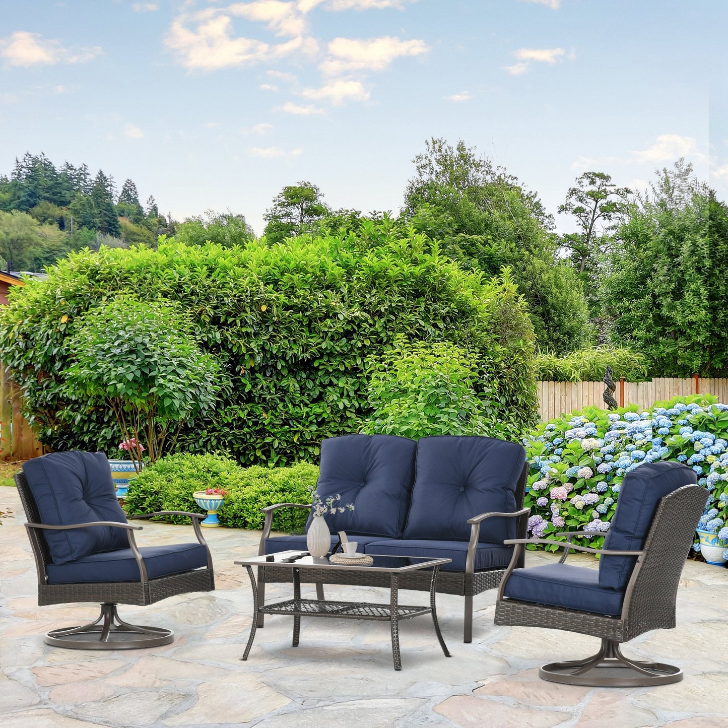 4 Piece PE Rattan Patio Furniture Set, Outdoor Wicker Sofa Set Conversation Furniture w/ Two-Tier Table, Loveseat, 2 Swivel Rocking Chairs and Cushions, Navy Blue