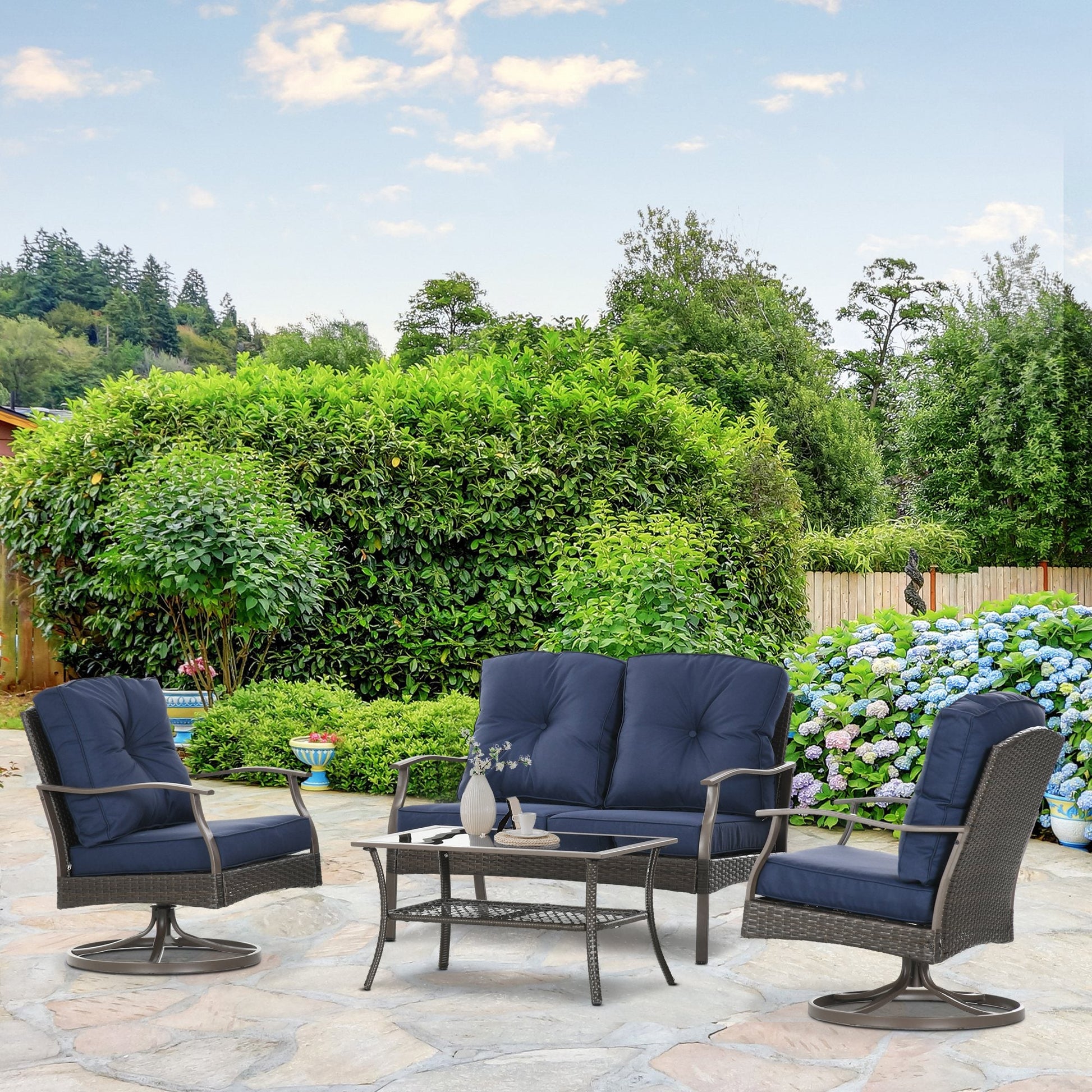 4 Piece PE Rattan Patio Furniture Set, Outdoor Wicker Sofa Set Conversation Furniture w/ Two-Tier Table, Loveseat, 2 Swivel Rocking Chairs and Cushions, Navy Blue