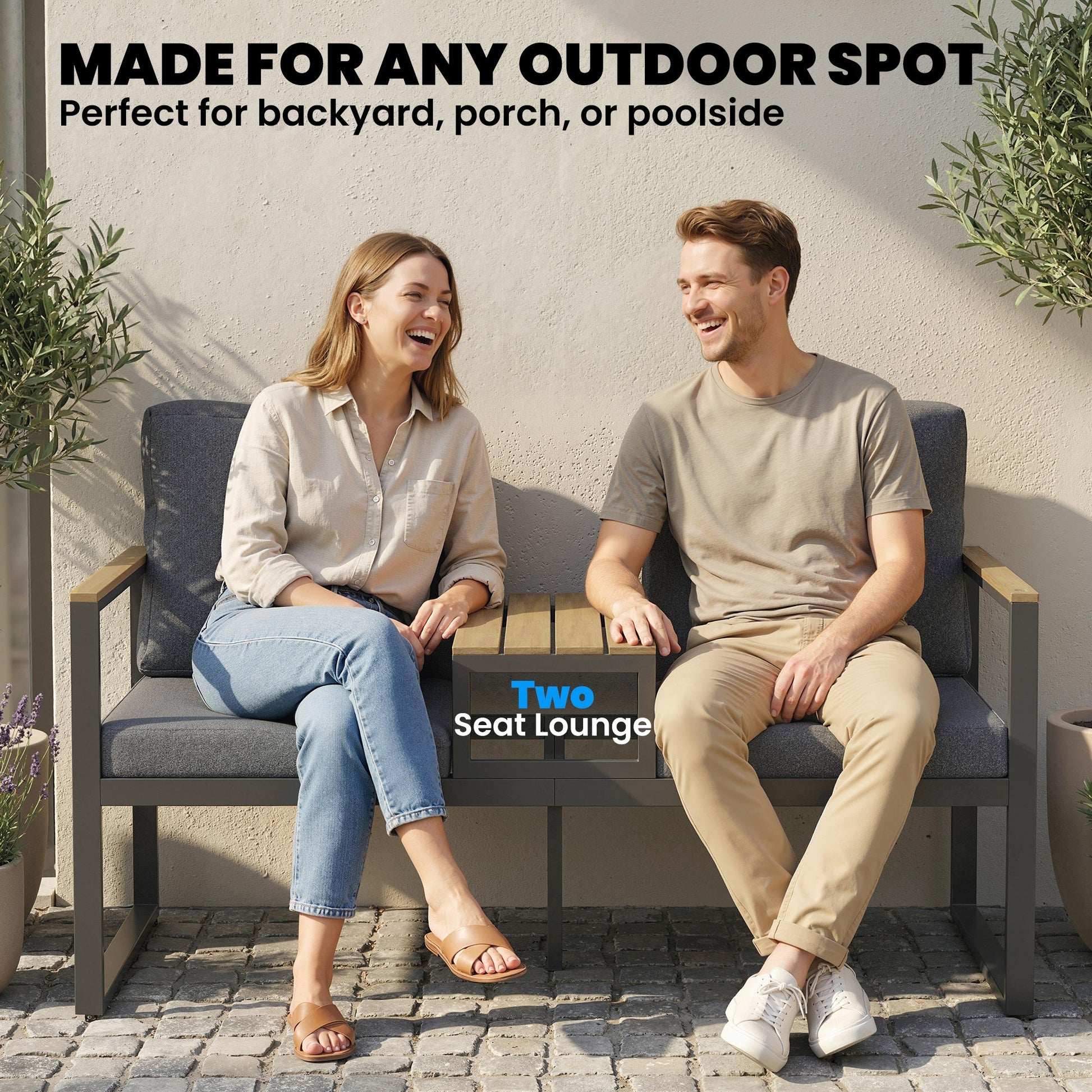 Outdoor Garden Bench, Patio Bench with Metal Frame, Integrated Center Table and Thick Cushions, 2-Seat Patio Loveseat, Light Grey