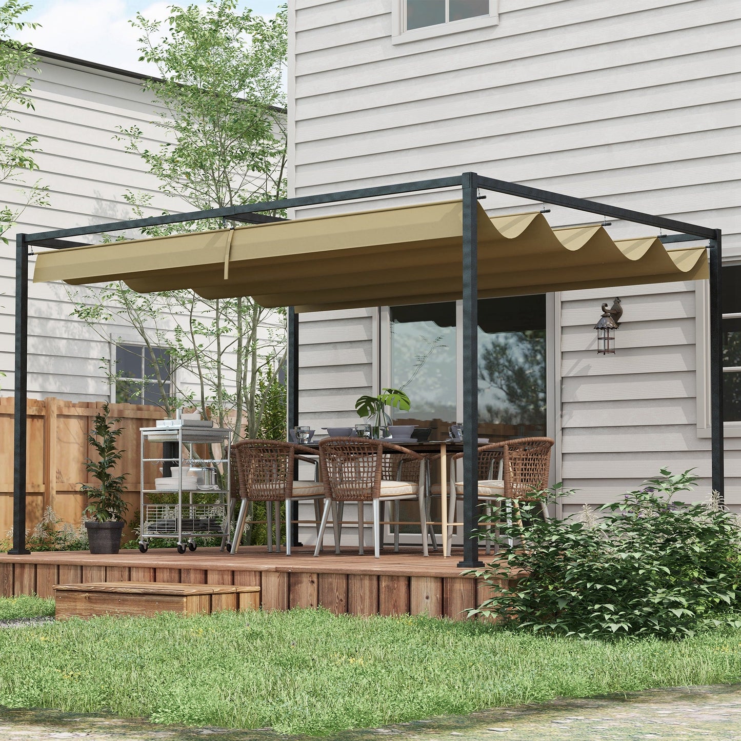 13' x 10' Patio Pergola with Retractable Canopy, Outdoor Sun Shelter, Yard Shade, Khaki