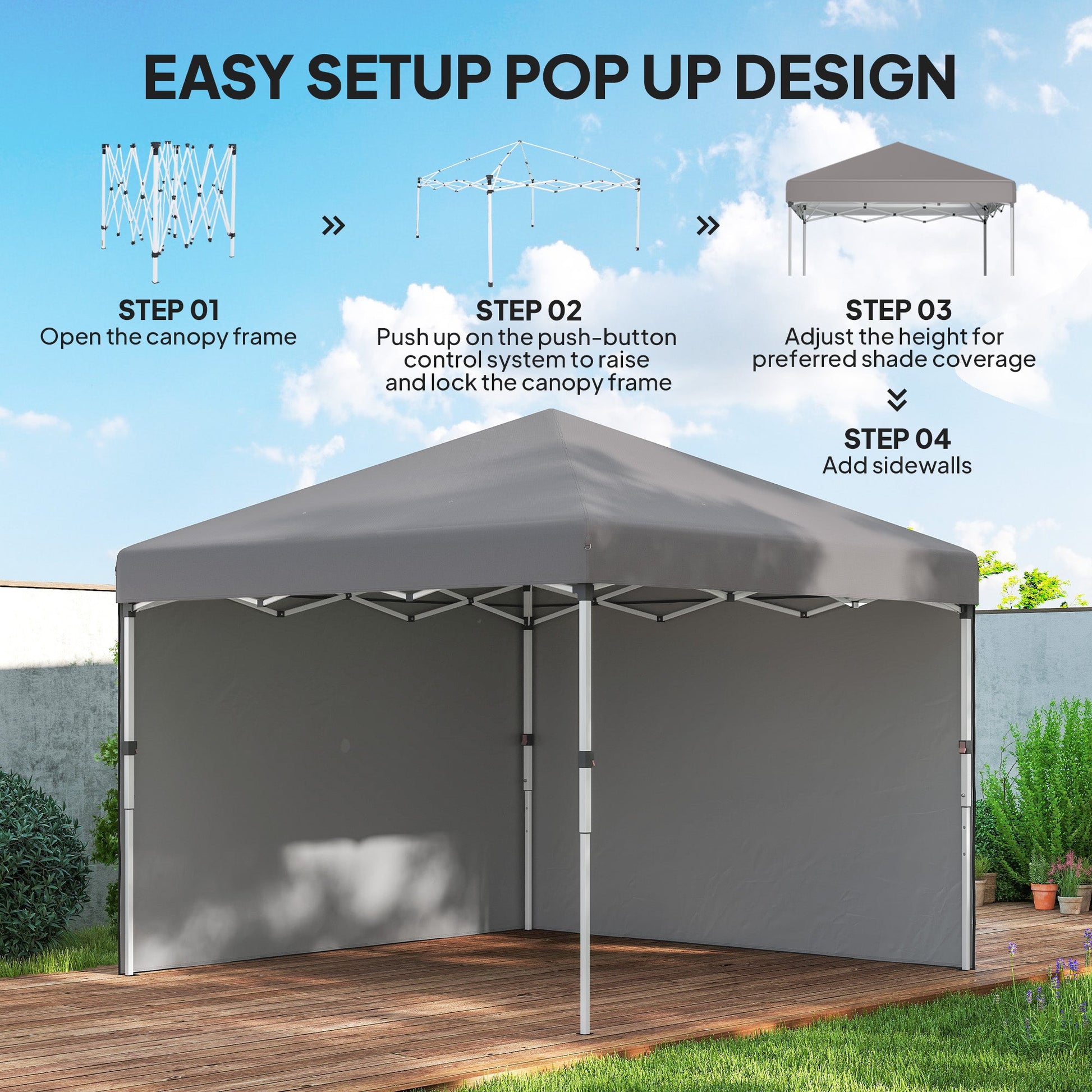 10' x 10' Pop Up Canopy Tent with Removable Sidewalls, Instant Shelter with Portable Roller Bag, 4 Sand Bags, Adjustable Height for Outdoor, Garden, Patio, Light Grey