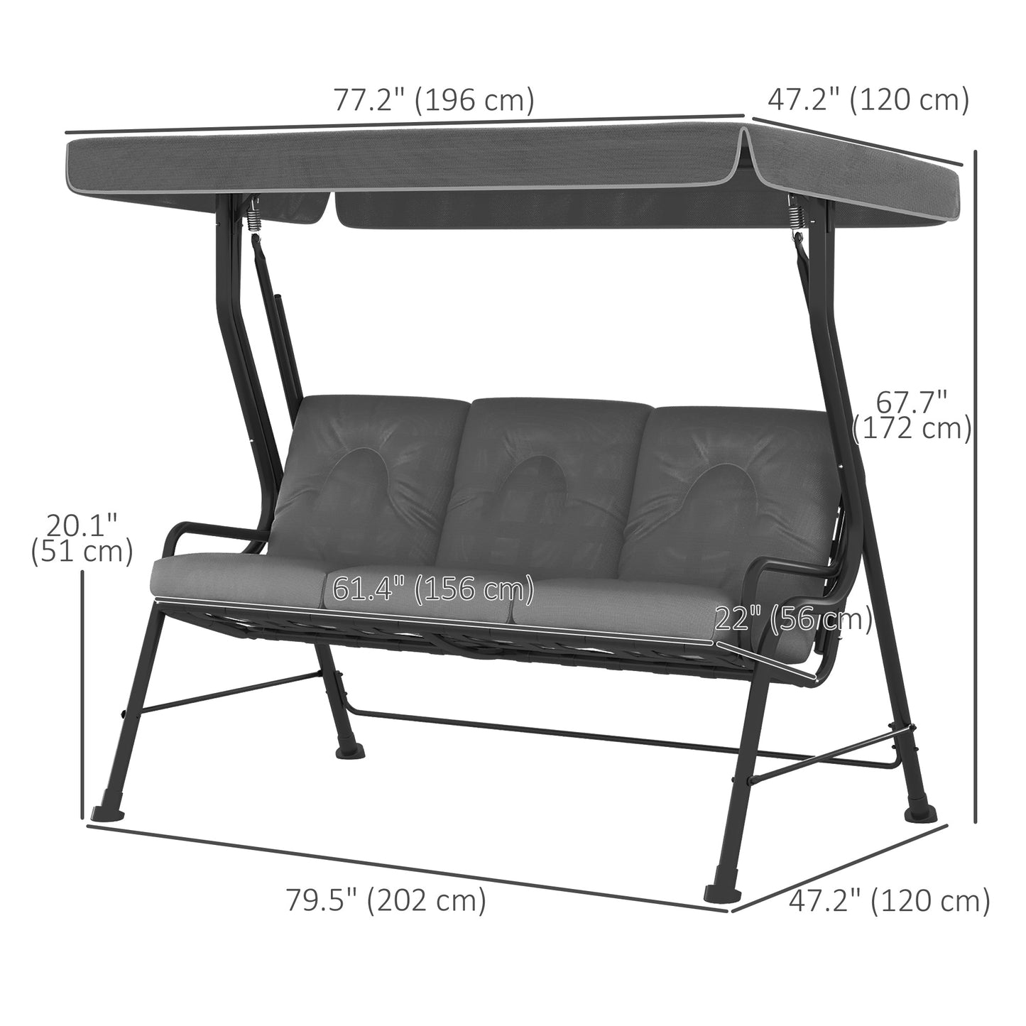 3-Person Porch Swing Chair, Patio Swing Bench with Adjustable Canopy, Removable Thicken Cushion and Weather Resistant Steel Frame for Outdoor, Garden, Poolside Light Grey