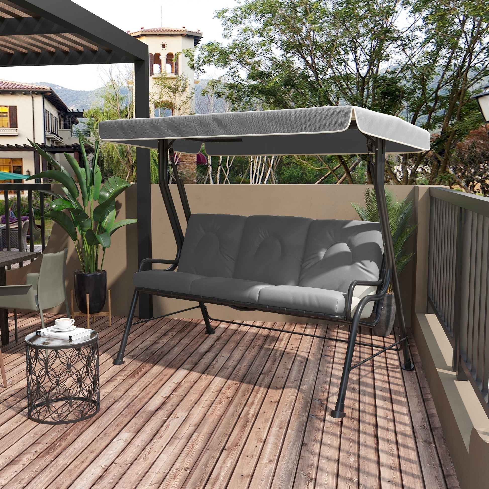 3-Person Porch Swing Chair, Patio Swing Bench with Adjustable Canopy, Removable Thicken Cushion and Weather Resistant Steel Frame for Outdoor, Garden, Poolside Light Grey