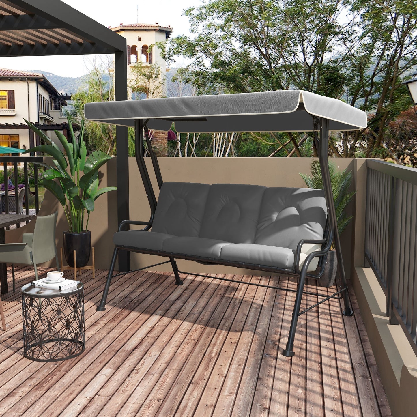 3-Person Porch Swing Chair, Patio Swing Bench with Adjustable Canopy, Removable Thicken Cushion and Weather Resistant Steel Frame for Outdoor, Garden, Poolside Light Grey
